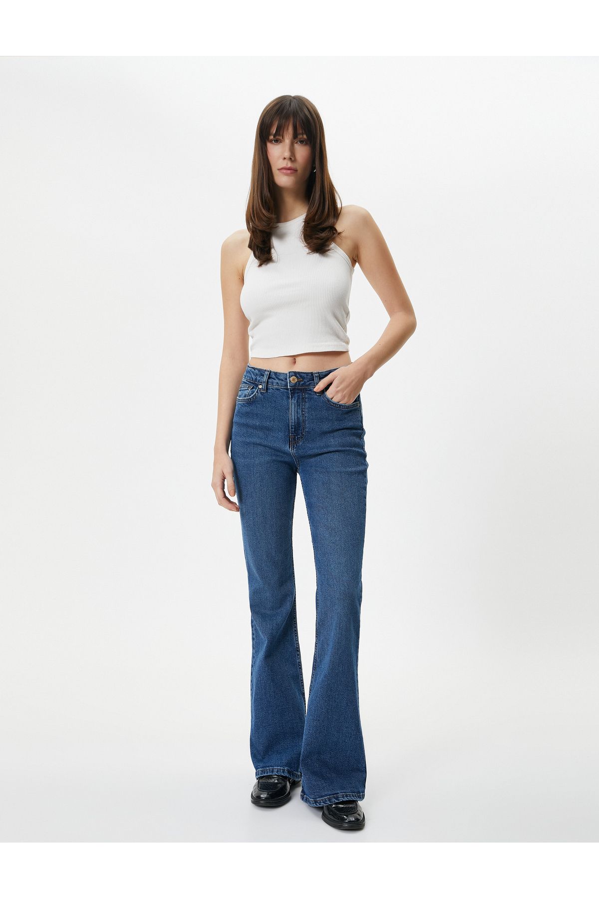 Koton İspanyol Paça Kot Pantolon Dar Kesim Yüksek Bel Esnek Pamuklu - Victoria Flare Jeans