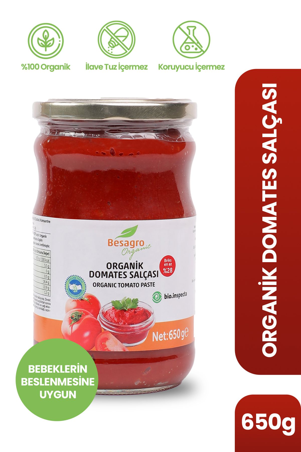 Besagro Organic Organik Tuzsuz Domates Salçası 650GR