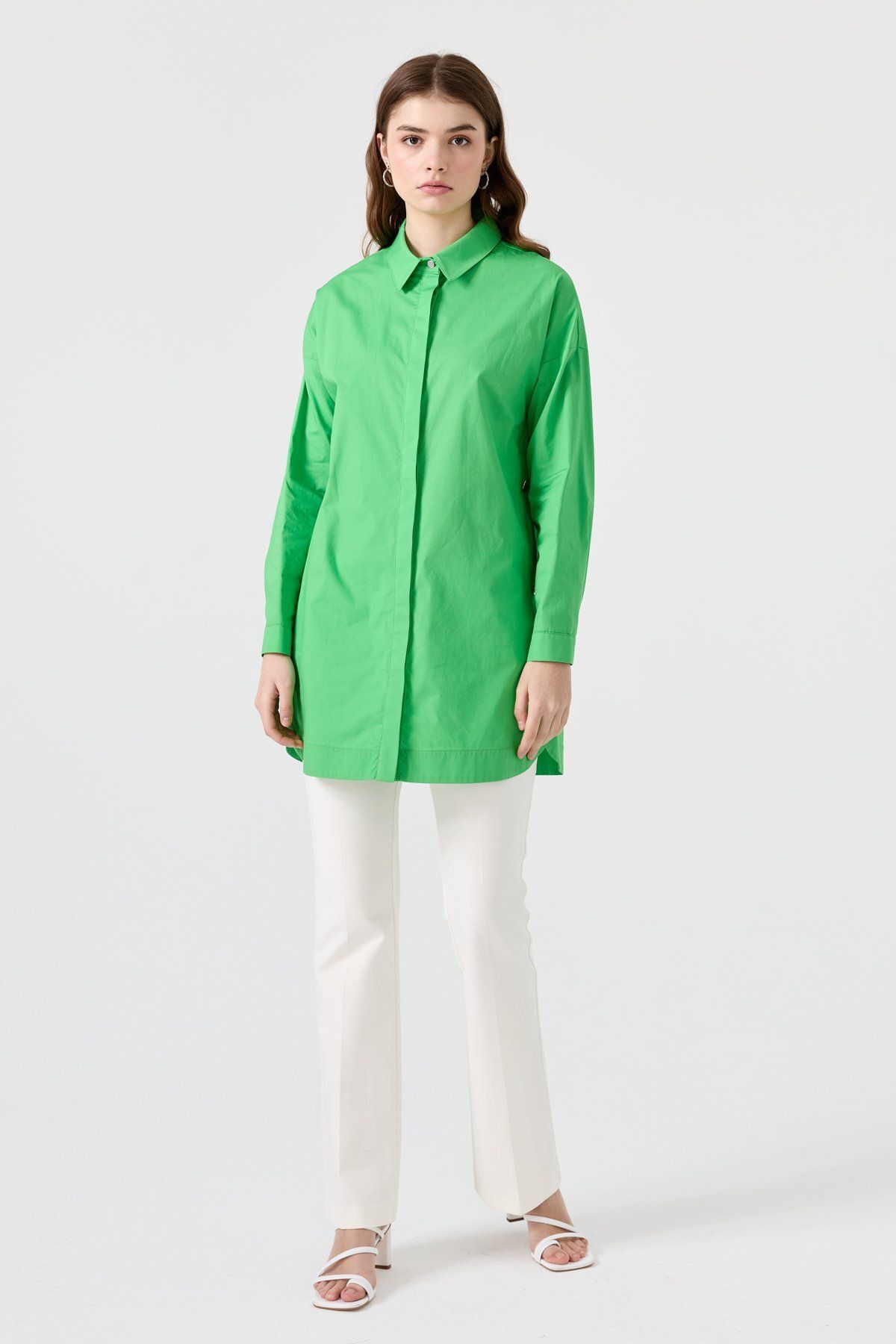 Nihan Yanları Metal Düğmeli Poplin Gömlek Tunik Benetton Yeşili