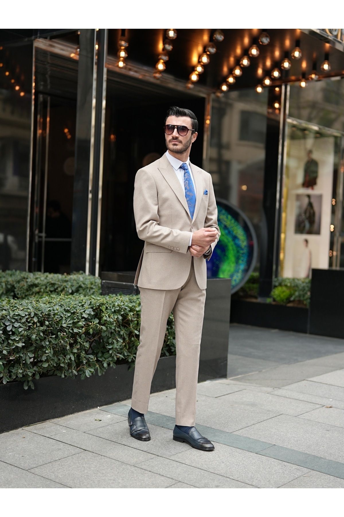 LONATOLİA Premium Erkek SlimFitİtalyan Stil Punto Dikişli Yarım Astarlı Takım Elbise Ceket Pantolon-Bej