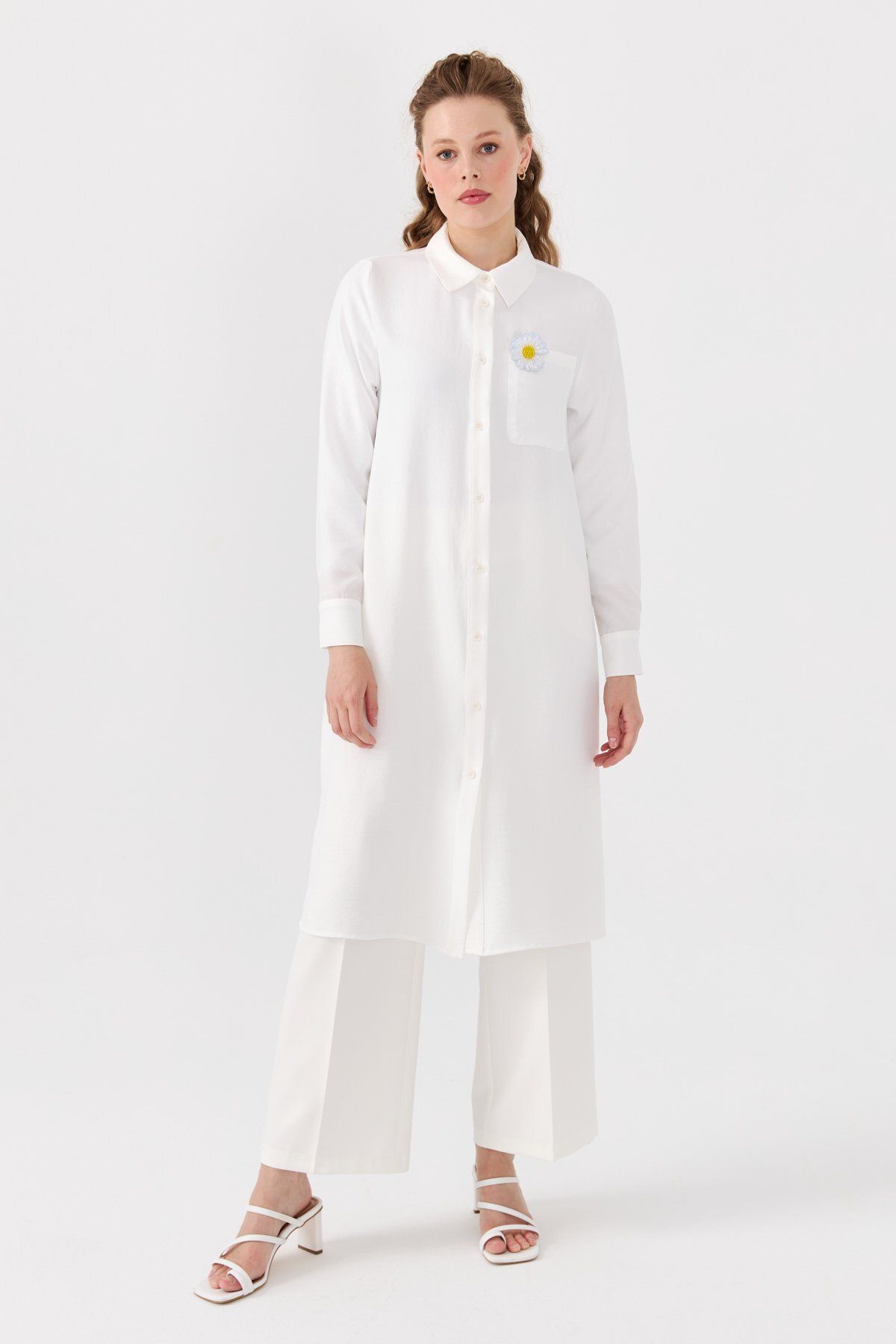 Nihan Tek Cepli Uzun Gömlek Tunik Beyaz