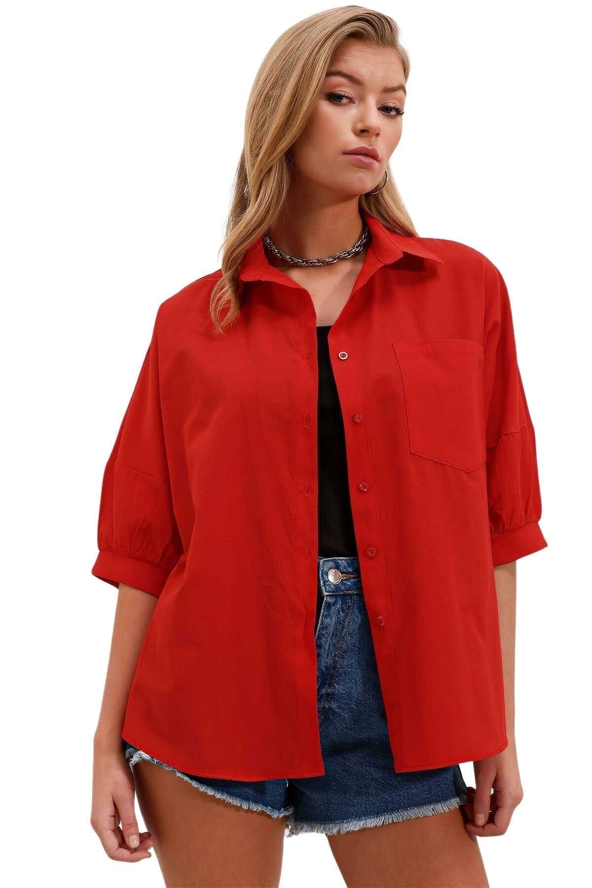 butikburuç Kadın Kırmızı Kısa Kol Gömlek