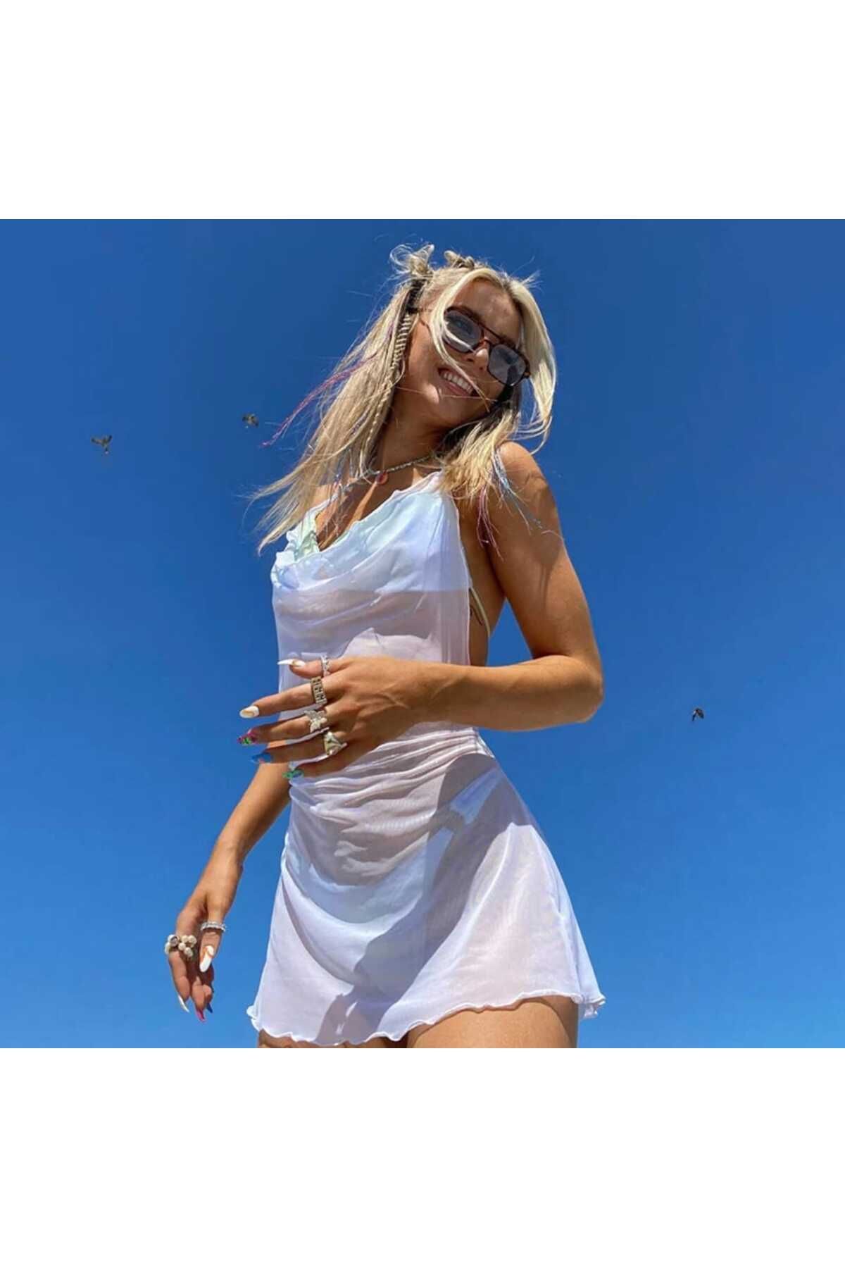 morche Kadın Sırt Dekolteli Degaje Yaka Fantazi Likralı Beyaz Plaj Tül Elbise