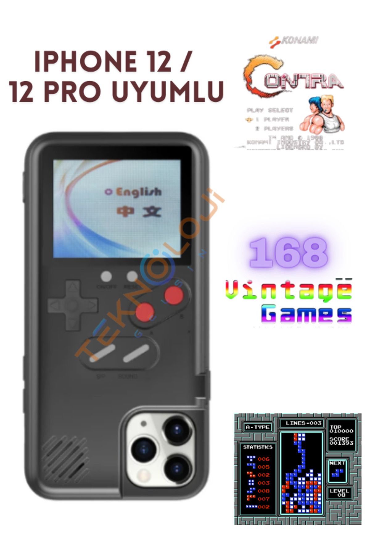 Teknoloji Gelsin Iphone 12 / 12 Pro Kılıf Vintage Oyun Retro Atari Kılıf 168 Oyun Gameboy Telefon Koruyucu