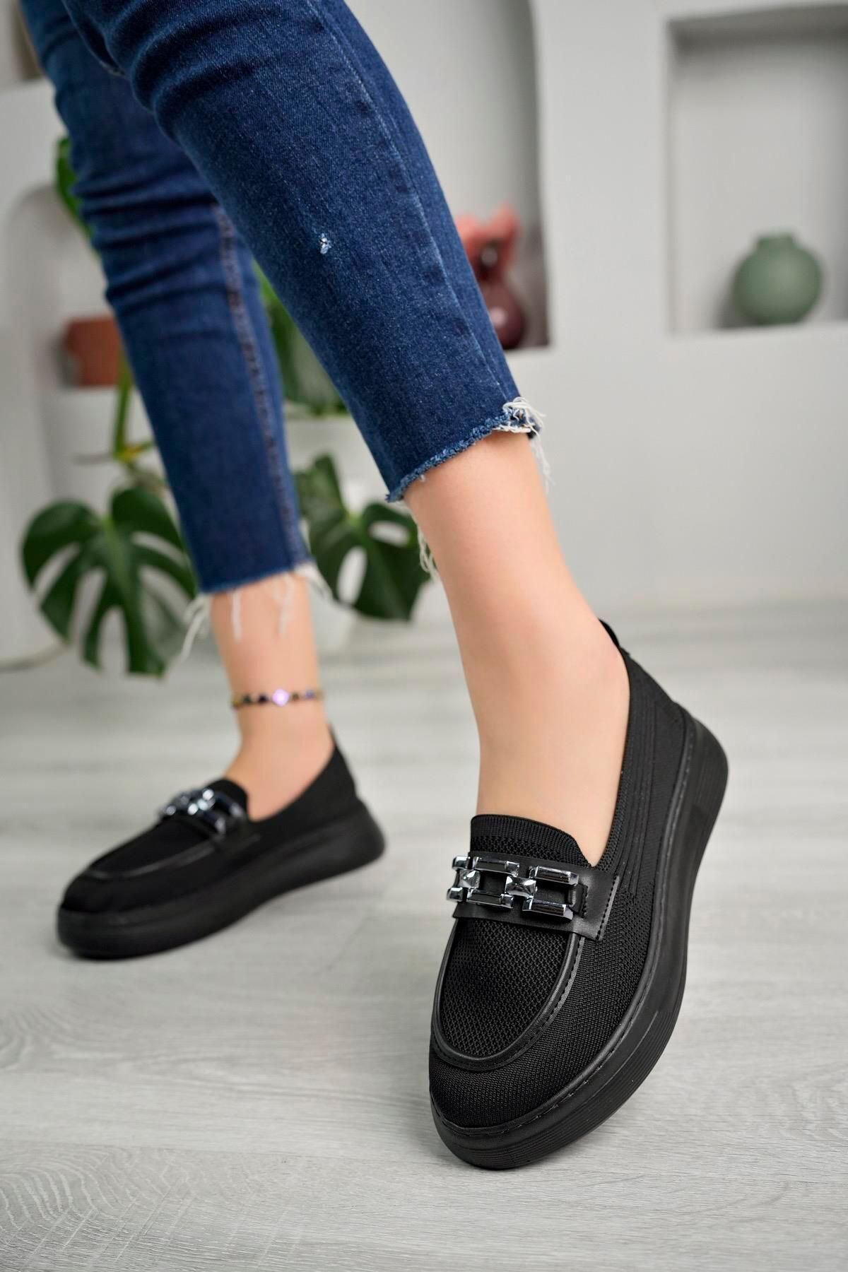 Aymood Triko Kalın Taban Zincir Metal Toka Kadın Loafer Ayakkabı-siyah