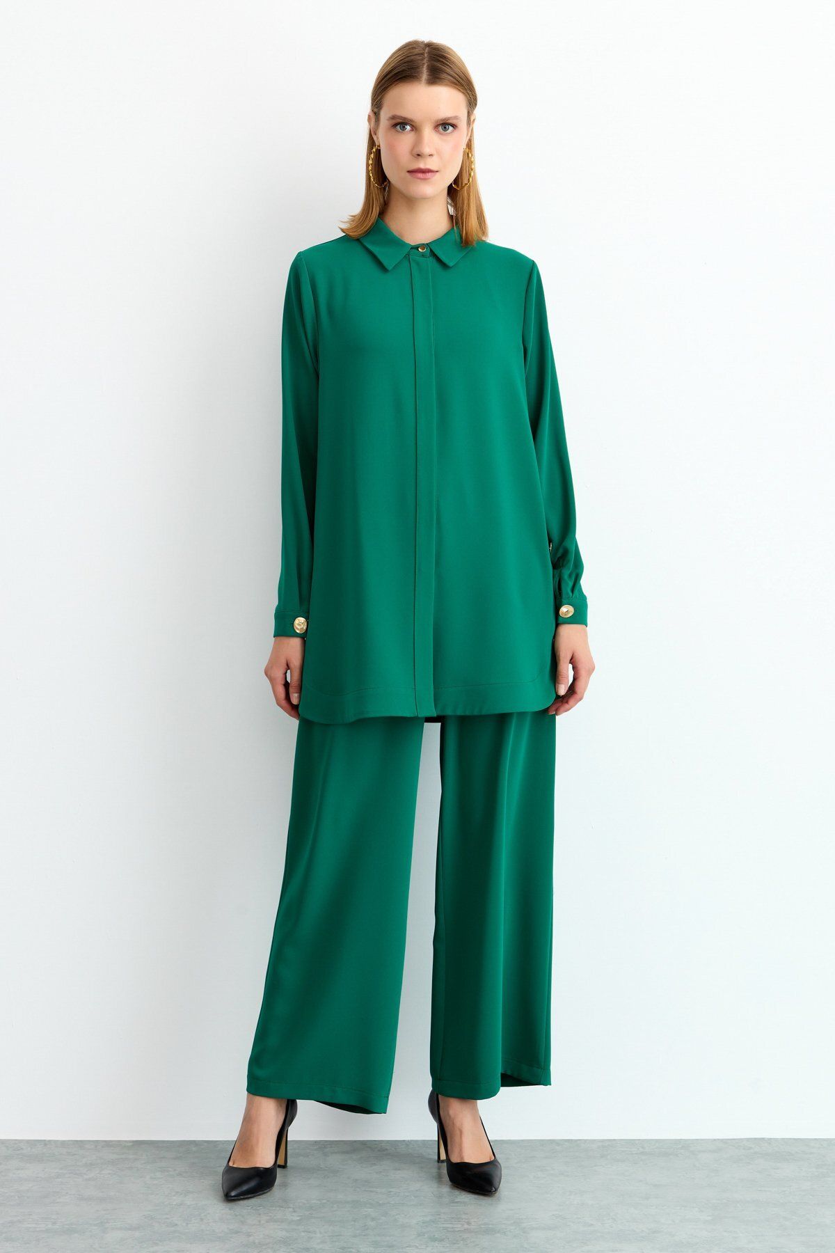 Nihan Metal Düğmeli Pantolon Tunik Takım Benetton Yeşili