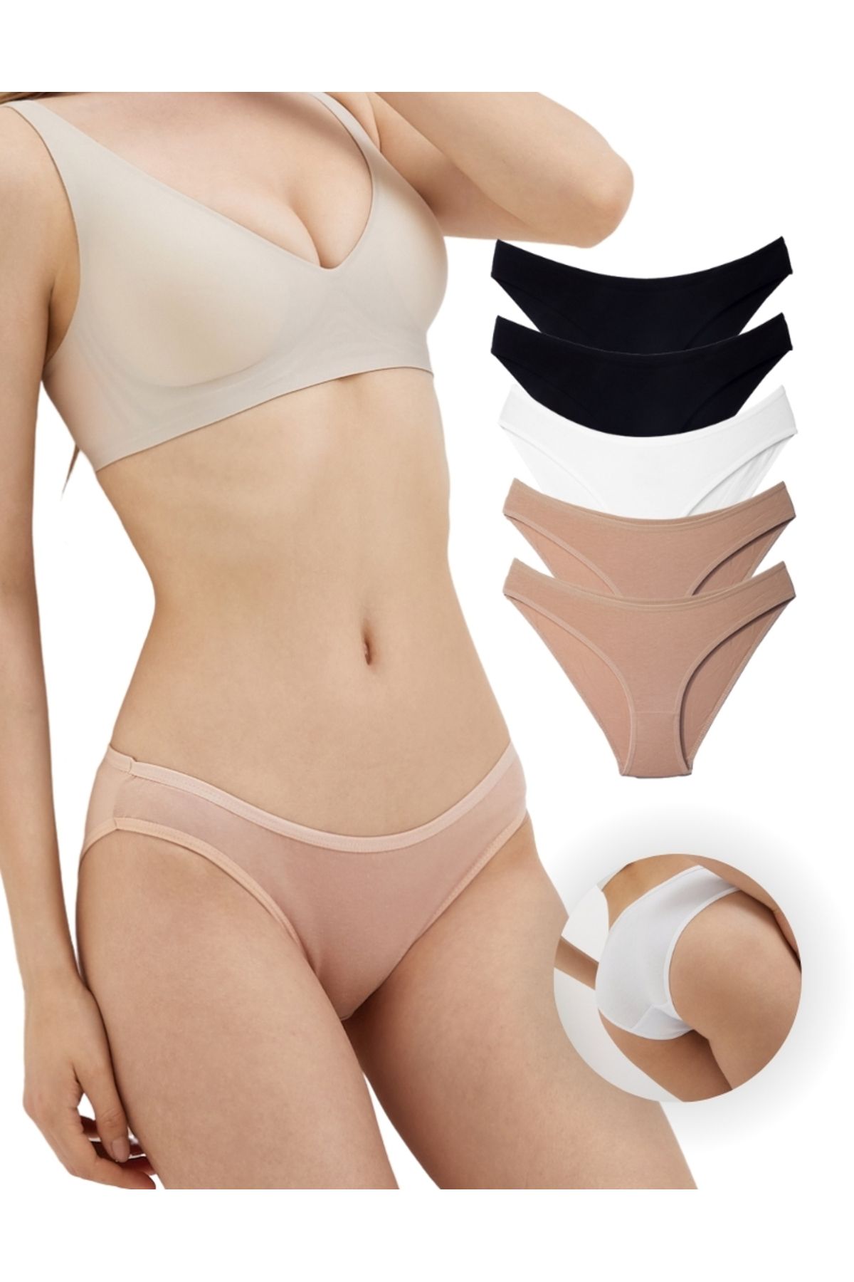 ALYA UNDERWEAR Kadın Bikini Kesim Pamuklu Külot 1 Ad. Beyaz 2 Ad. Siyah 2 Ad. Ten (S, M, L, XL, 2XL)
