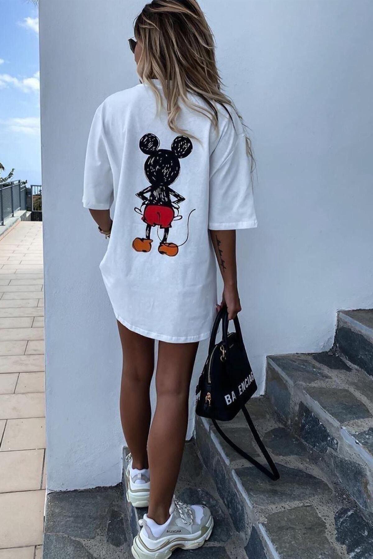 NOVVO Kadın Beyaz Mickey Mouse Sırt Baskılı Salas Oversize T-Shirt