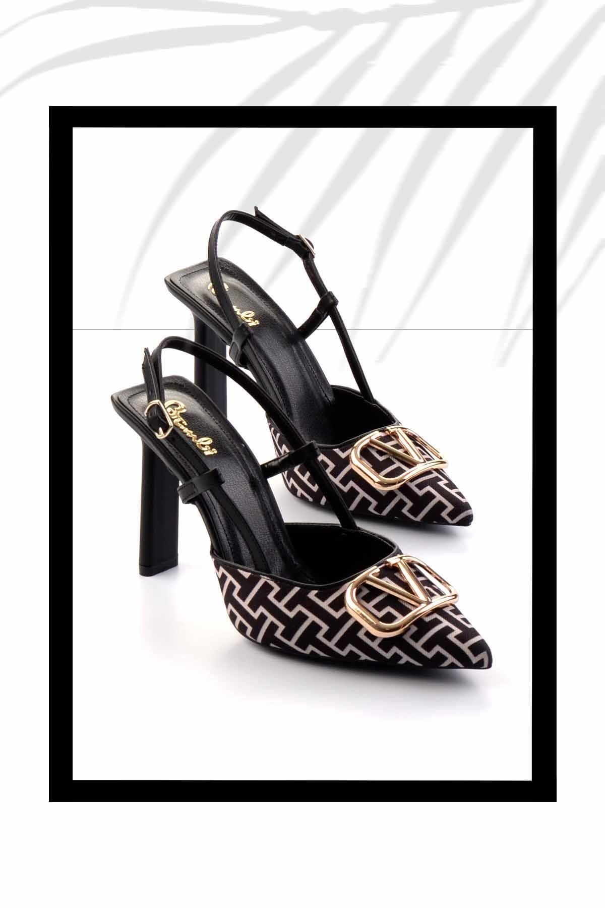 Bambi Siyah Baskılı Kumaş Kadın Klasik Topuklu Ayakkabı K01209502504