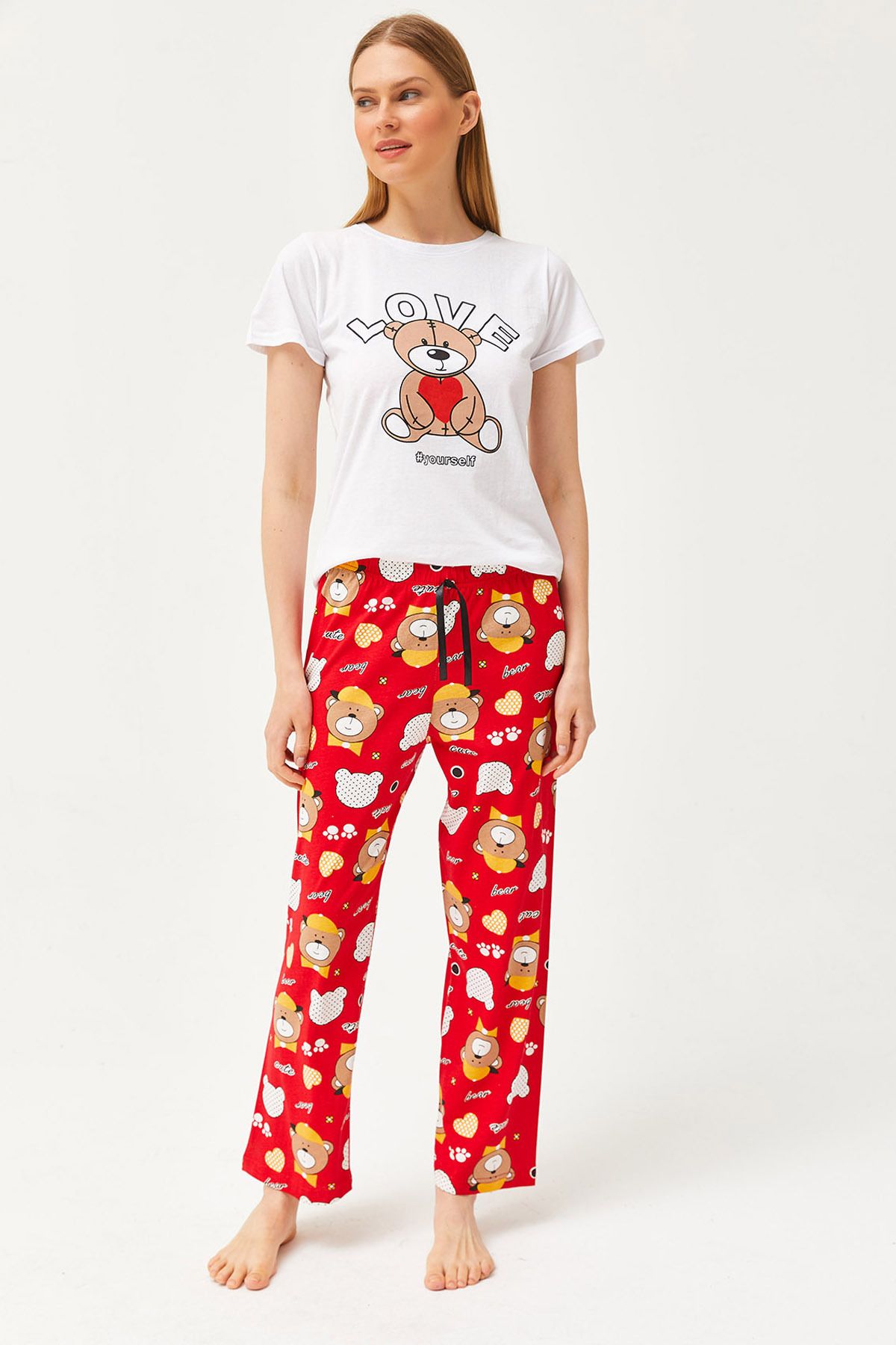 Olalook Kadın Kırmızı Teddy Kısa Kollu Alt Üst Pijama Takım PJM-00000020