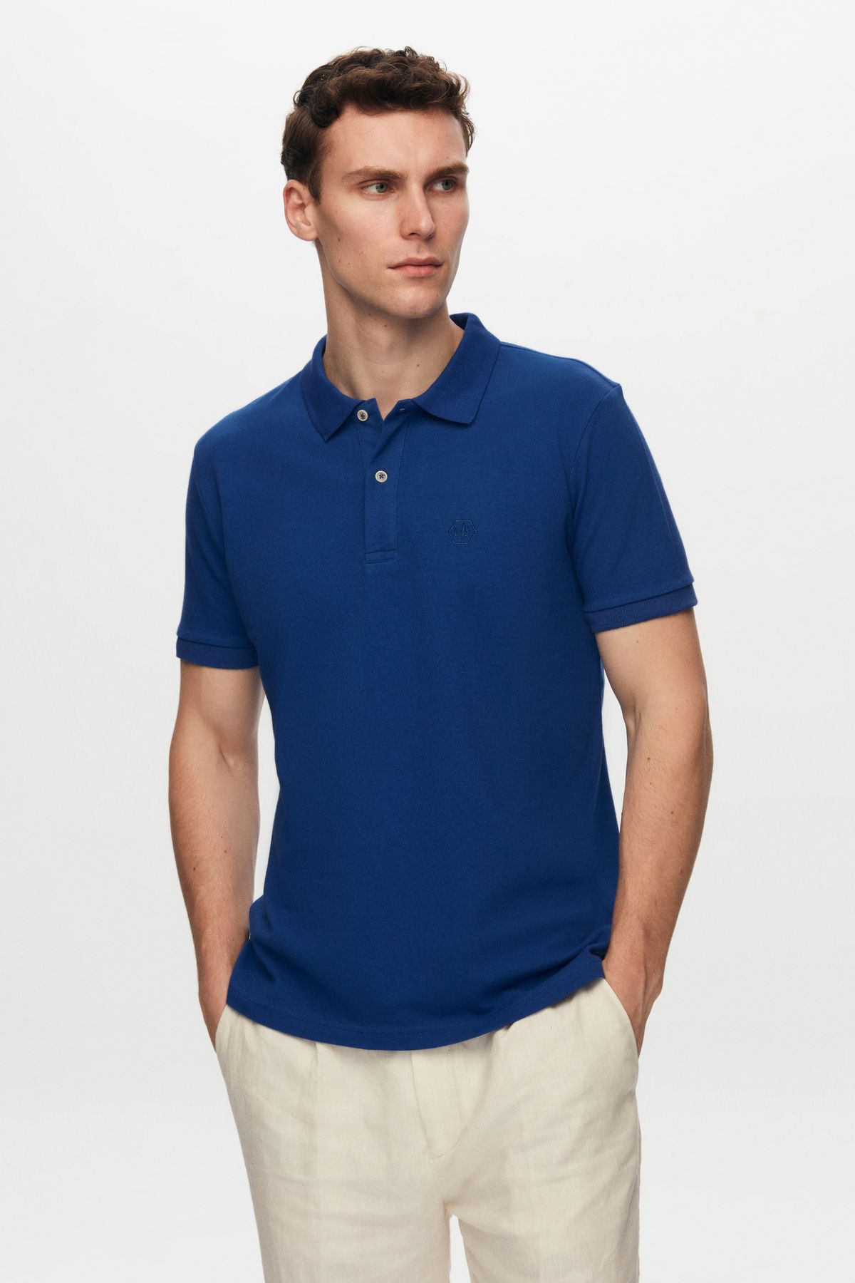 D'S Damat Ds Damat Regular Fit Saks Mavi %100 Pamuk Polo Yaka Nakışlı T-shirt