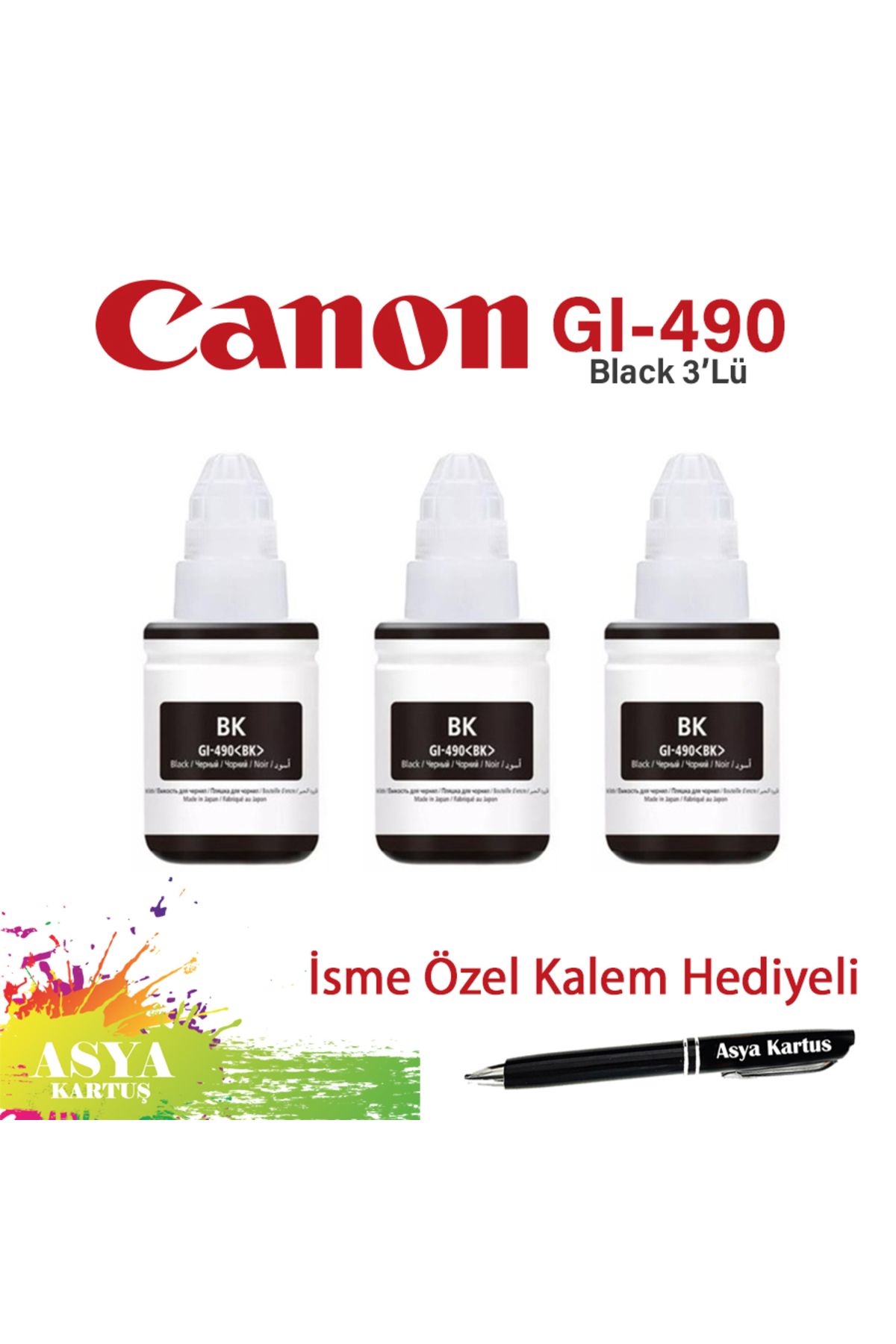 Canon Pixma G1400 Uyumlu GI-490 BK Siyah (Black) Kartuş 135 ml  3'LÜ Mürekkep Kartuşu