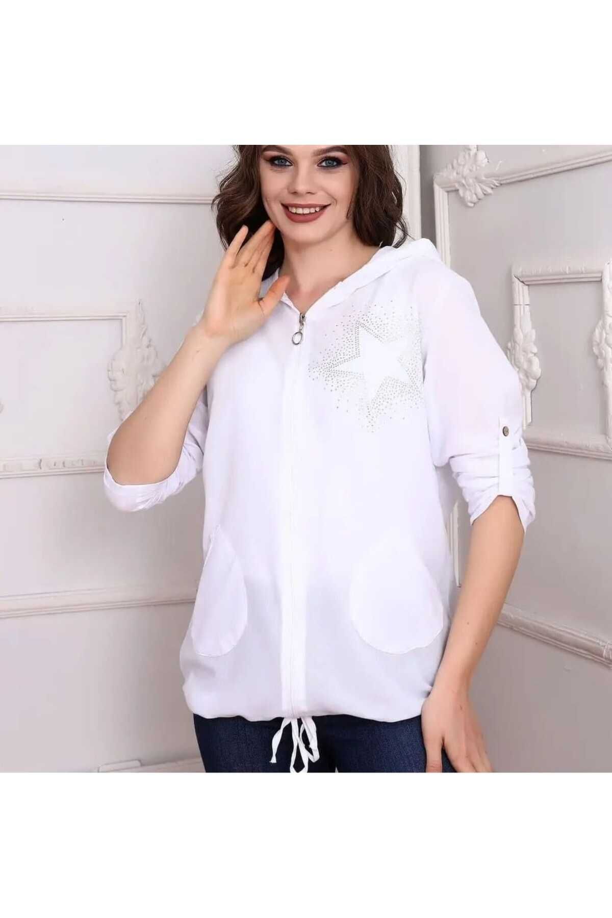 NUR TEKSTİL Kadın Beyaz %100 Pamuklu Şile Bezi Yıdız Deseli Kapşonlu Önden   fermuarlı  gömlek