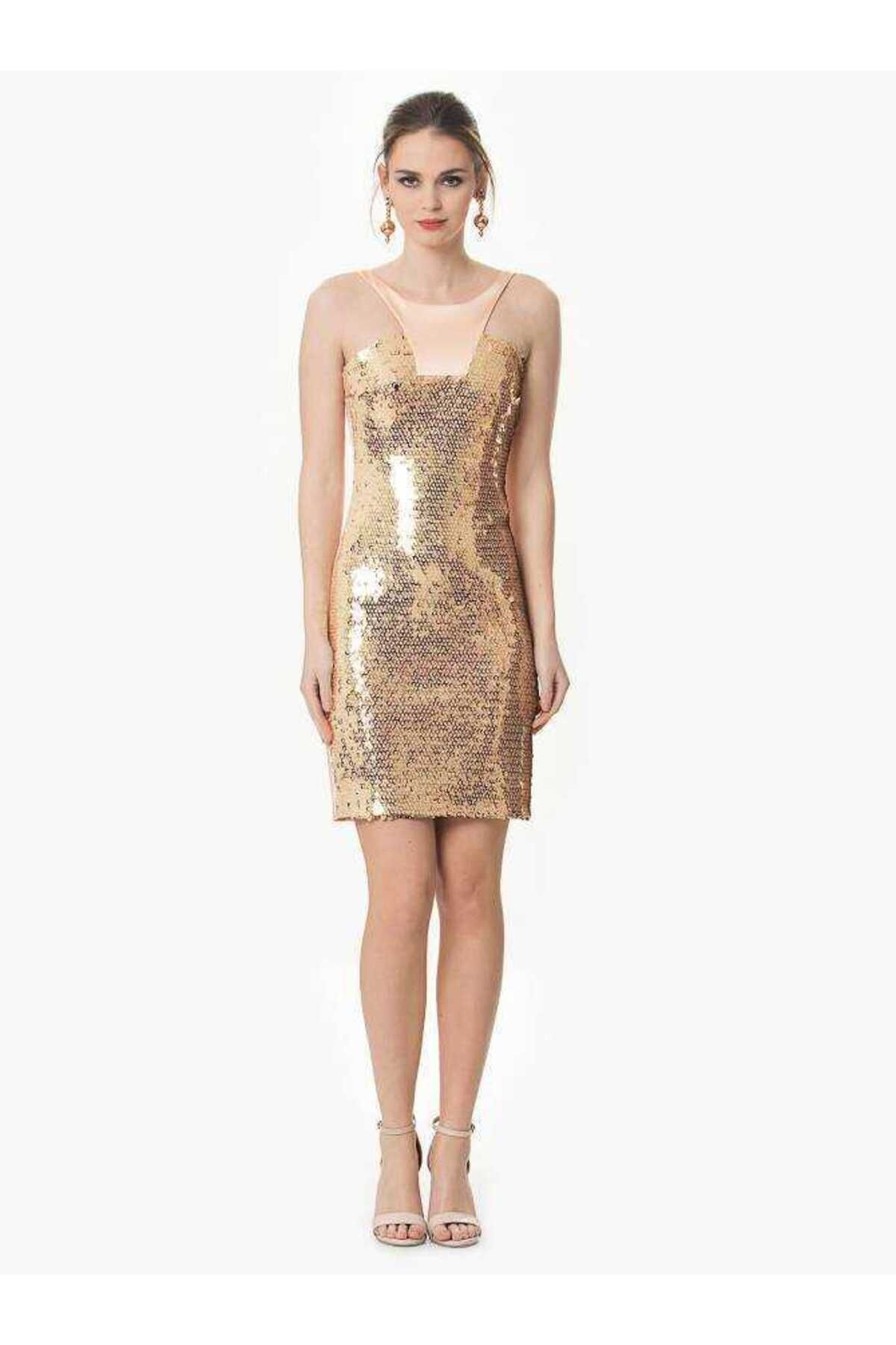 Roman Payetli Yaka Detaylı Mini Gold Abiye Elbise Gold Y1611067_076