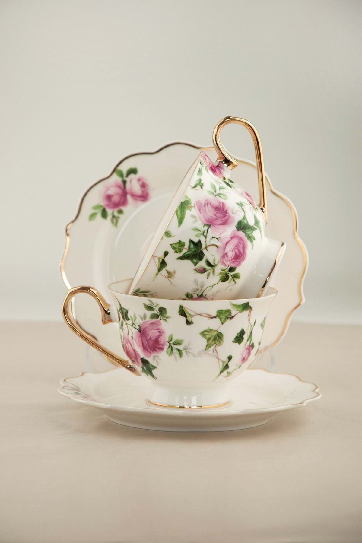 Bursa Porselen Dekor Pink ivy rose altın yaldızlı iki kişilik çay fincan takımı