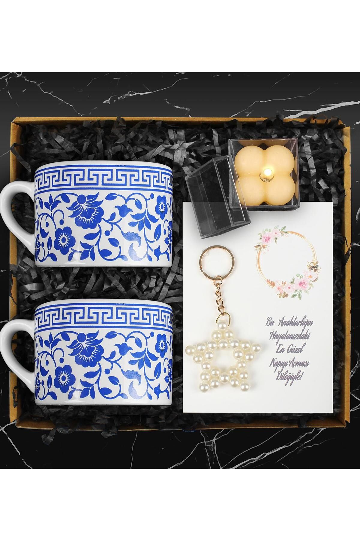 Apollon Gift Mavi Desenli İkili Kahve Çay Fincanı & Yıldız Anahtarlık & Kutulu Mum Hediye Seti