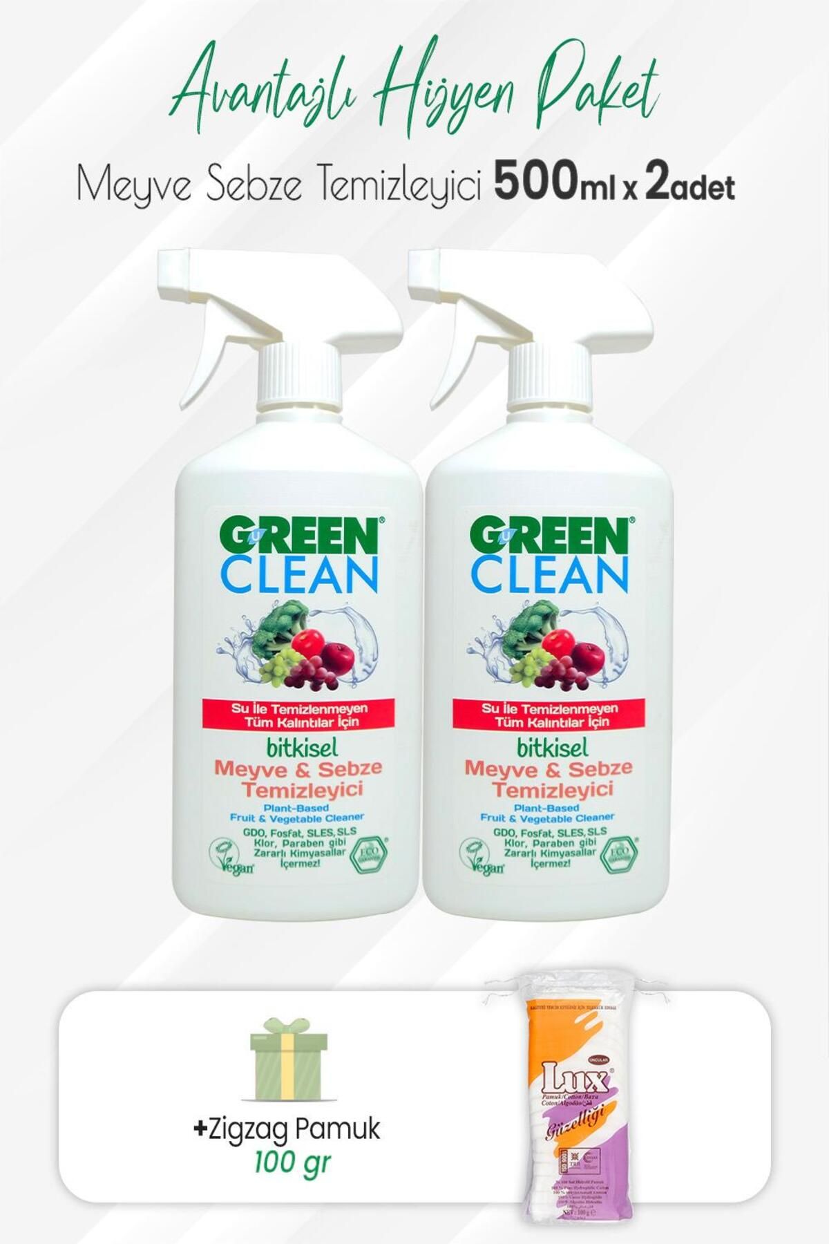 Green Clean 2'li Meyve Sebze Temizleyici 500 ml Ve Zigzag Pamuk 100 gr