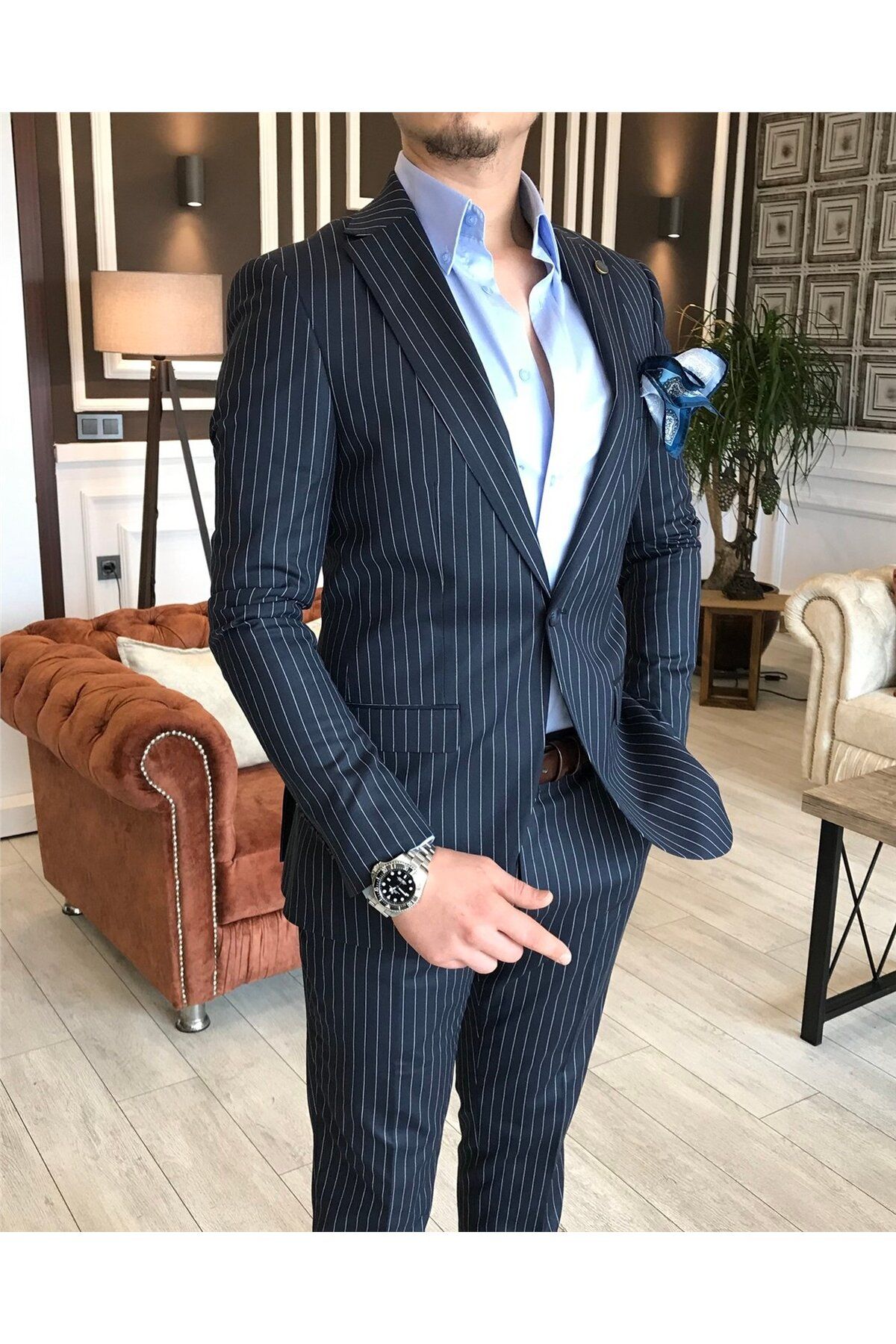 TerziAdemAltun İtalyan Stil Slim Fit Çizgili Erkek Ceket Pantolon Takım Elbise Koyu Lacivert T4896