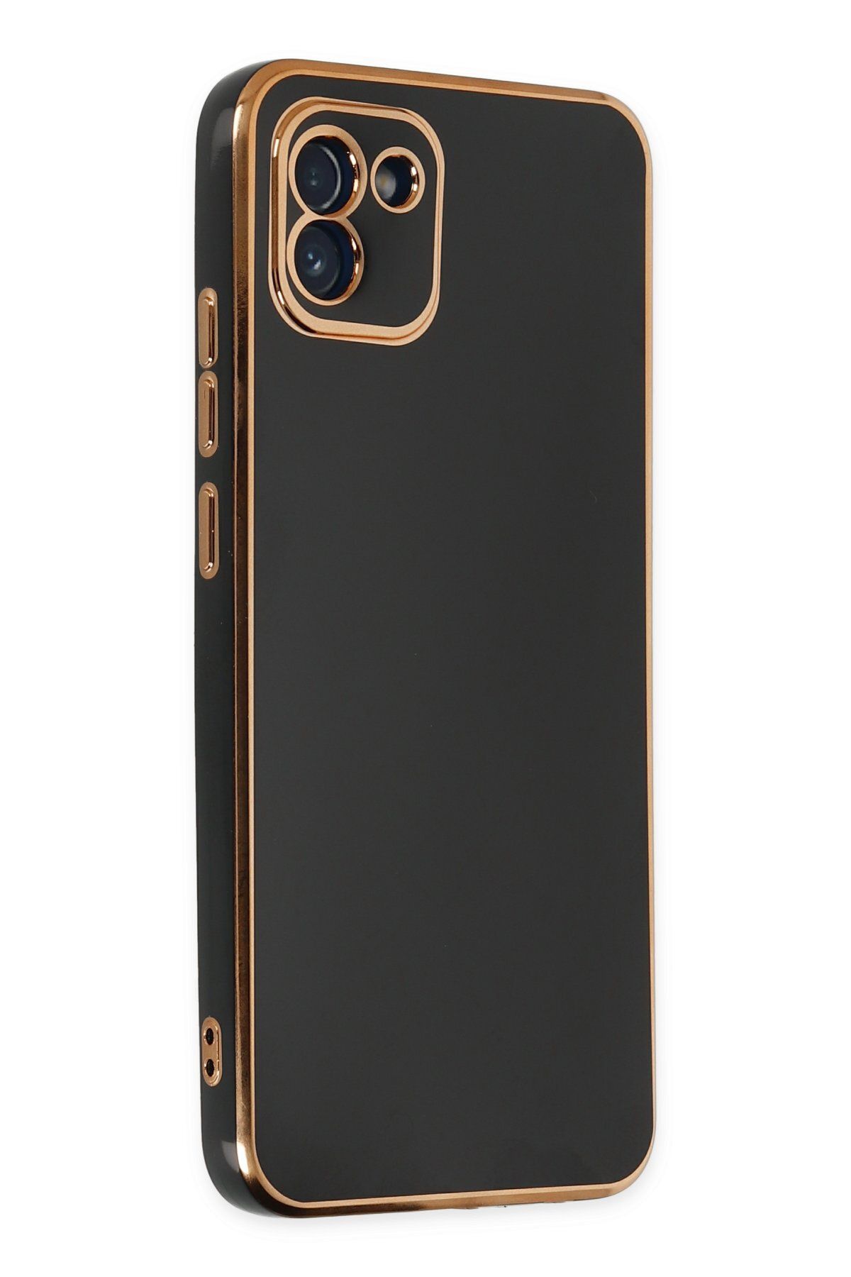 AQUA AKSESUAR Samsung Galaxy A03 Uyumlu Parlak Altın Kenarlı Kamera Korumalı Dayanıklı Kılıf - Siyah
