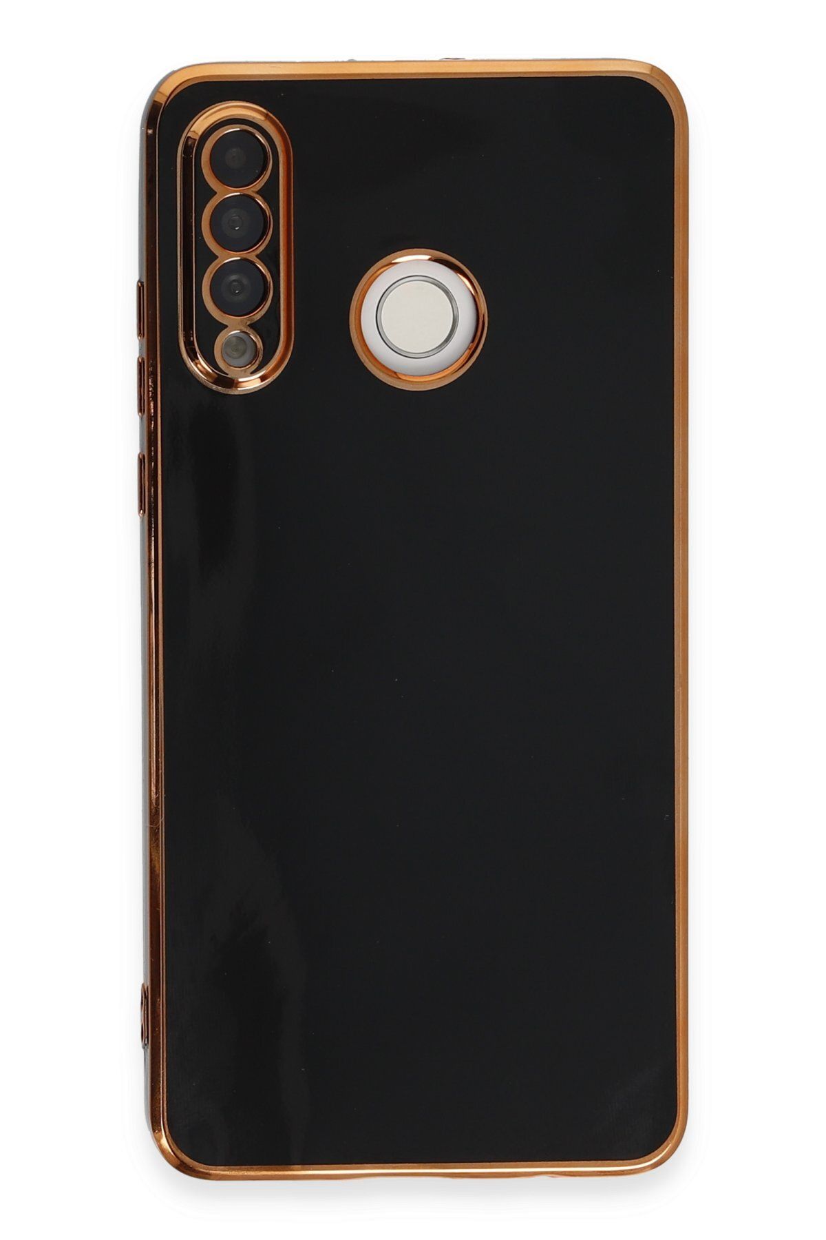 AQUA AKSESUAR Huawei P30 Lite Uyumlu Parlak Altın Kenarlı Kamera Korumalı Dayanıklı Kılıf - Siyah