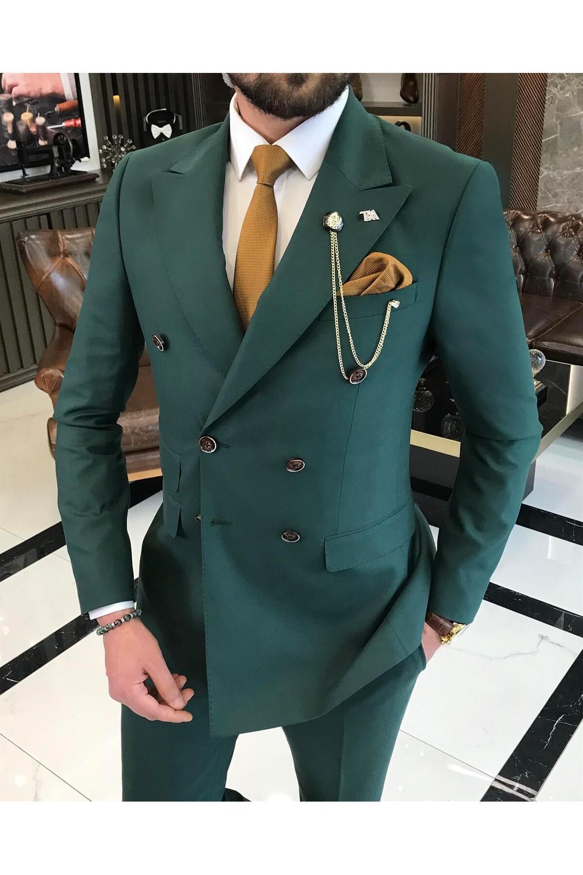 TerziAdemAltun İtalyan stil kruvaze ceket pantolon takım elbise yeşil T9111