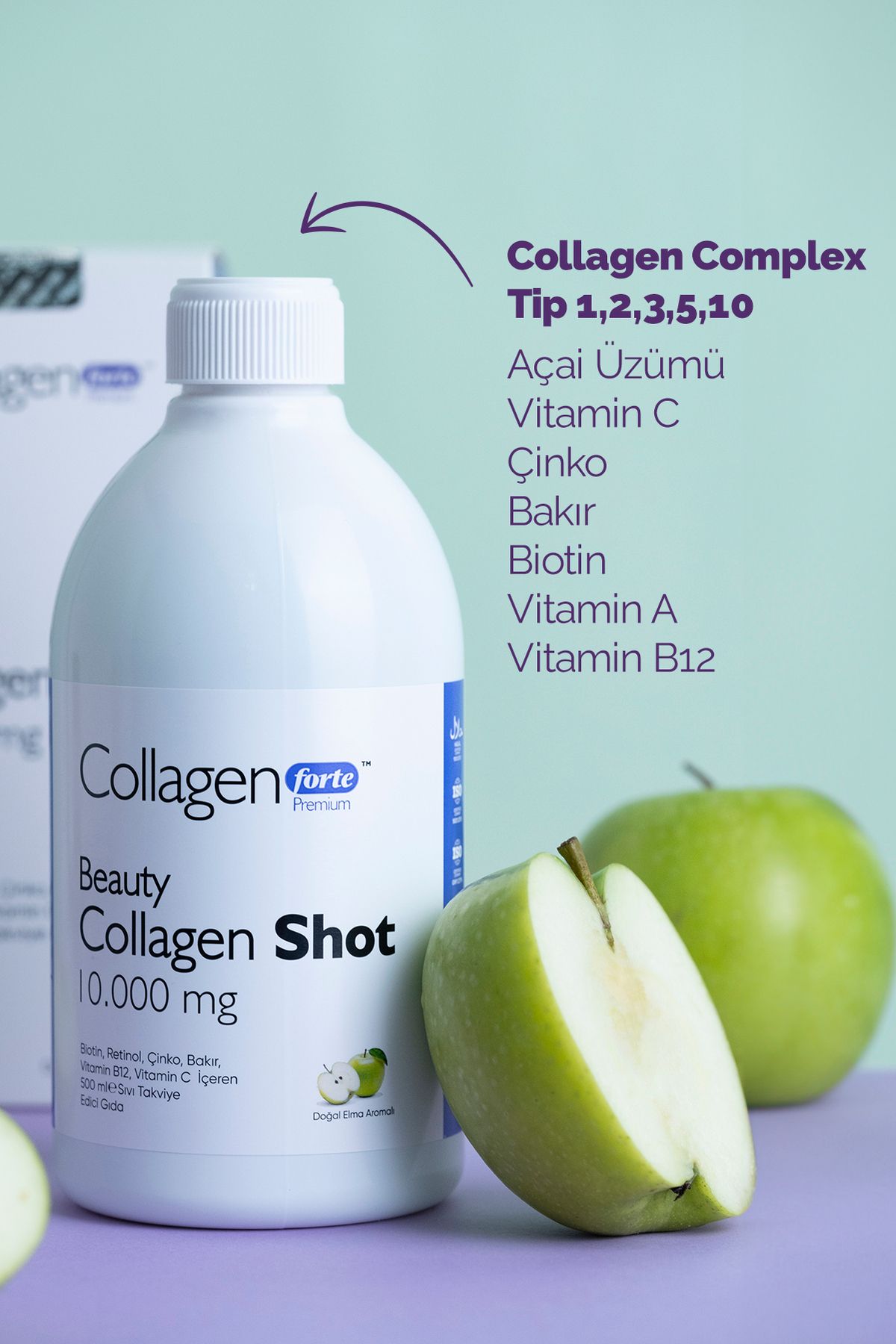 Collagen Forte Platinum Collagen Shot 500ml, 5 Tip Sıvı Kolajen, Biotin, Vitamin B12, Vitamin C, Bakır, Retinol & Çinko