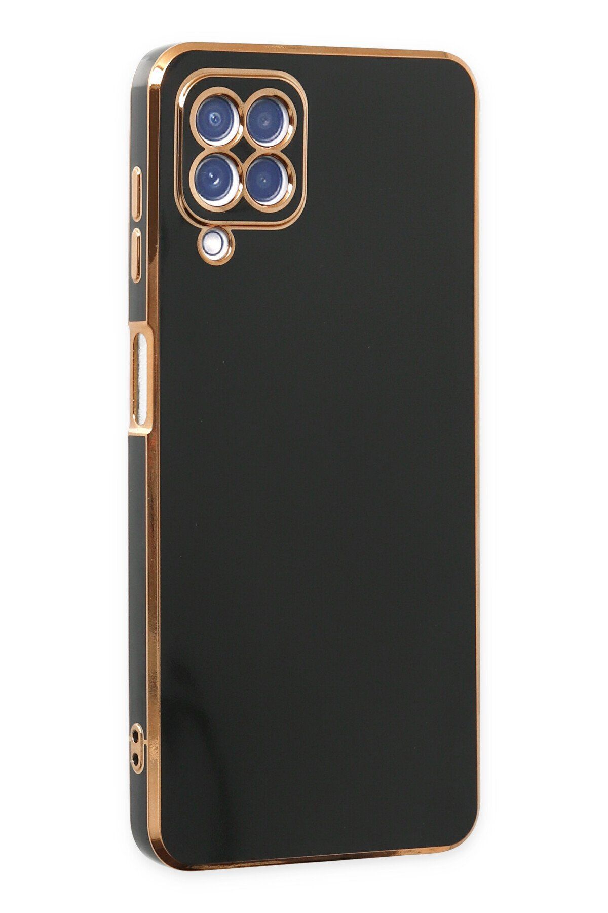 AQUA AKSESUAR Samsung Galaxy M12 Uyumlu Parlak Altın Kenarlı Kamera Korumalı Dayanıklı Kılıf - Siyah