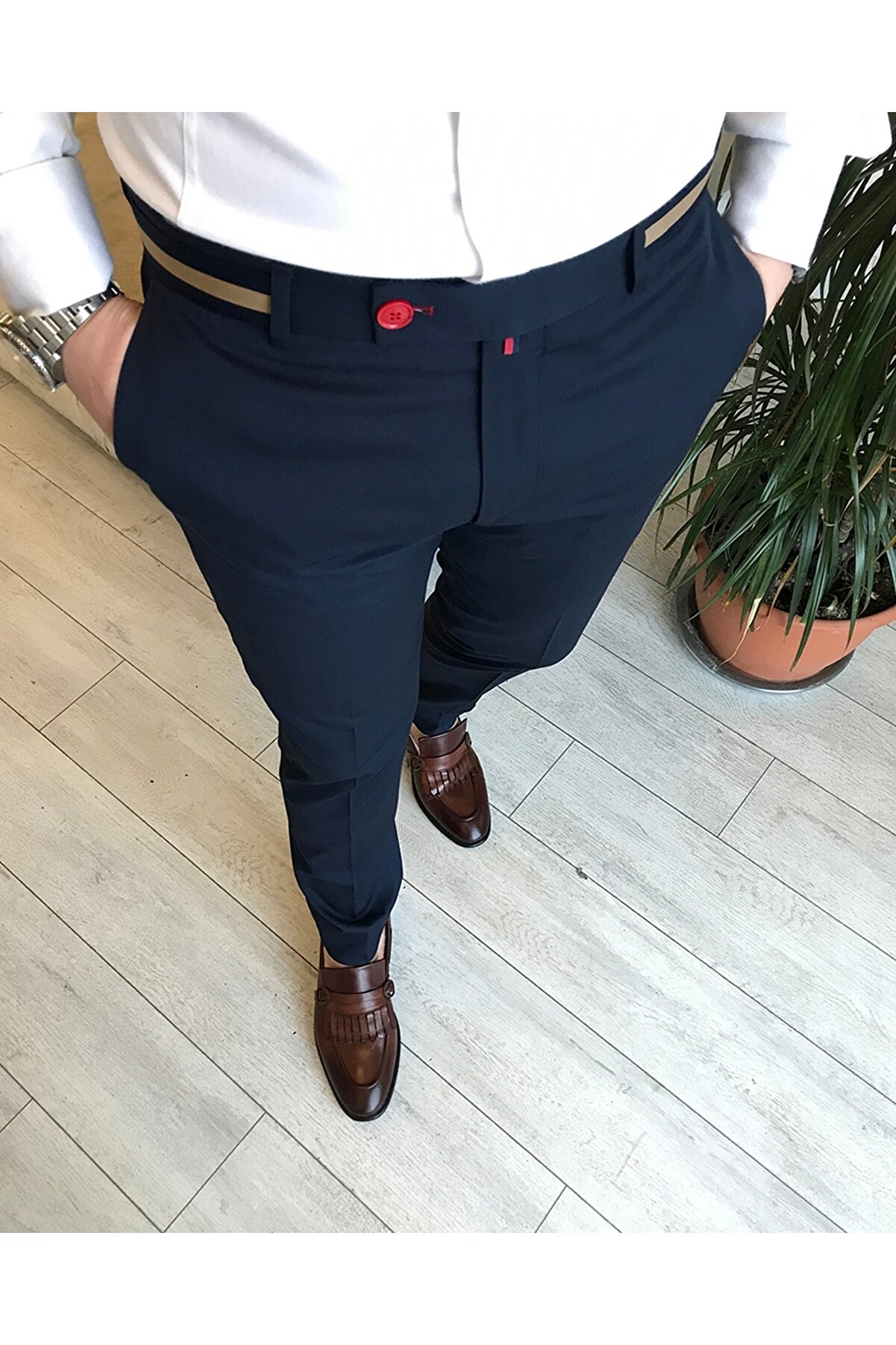 TerziAdemAltun İtalyan Stil Slim Fit Erkek Kumaş Pantolon Koyu Lacivert T4422