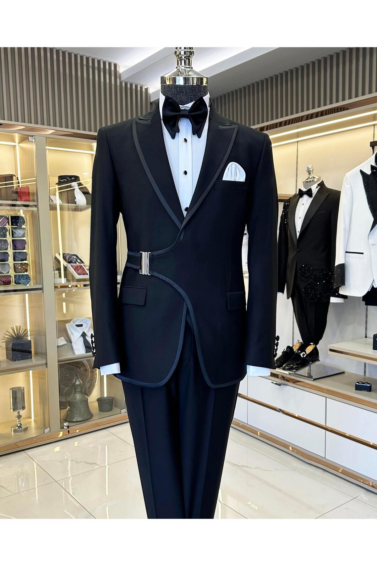 TerziAdemAltun İtalyan stil slim fit kemer detaylı ceket yelek pantolon damatlık set siyah T11597