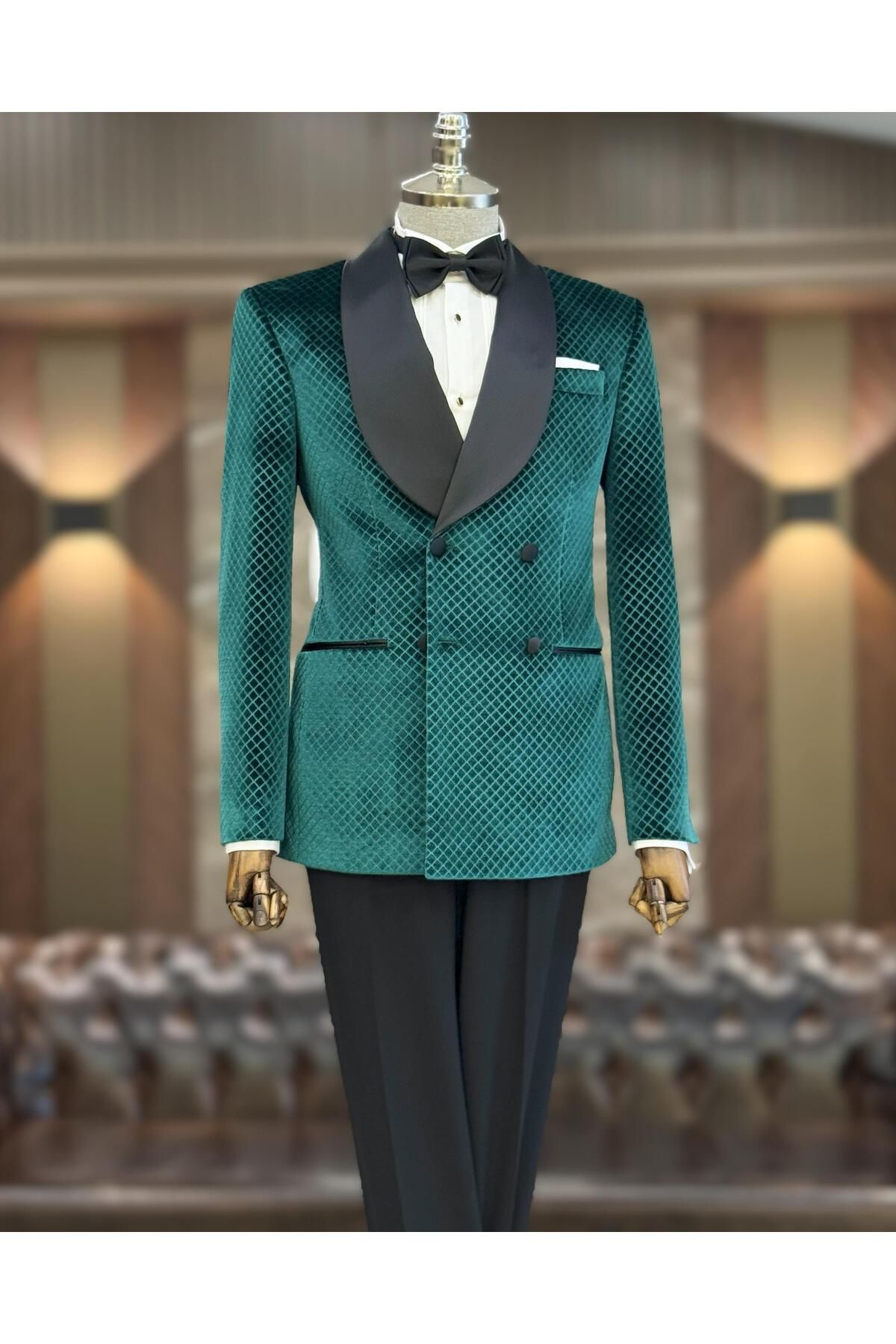 TerziAdemAltun İtalyan stil slim fit şal yaka kadife kruvaze ceket pantolon damatlık set yeşil T11789