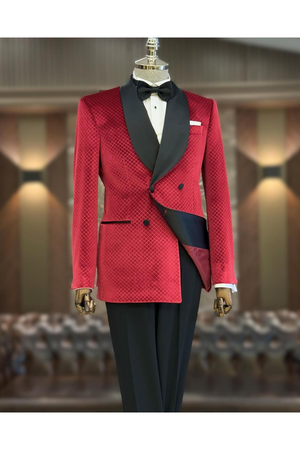 TerziAdemAltun İtalyan stil slim fit şal yaka kadife kruvaze ceket pantolon damatlık set kırmızı T11785