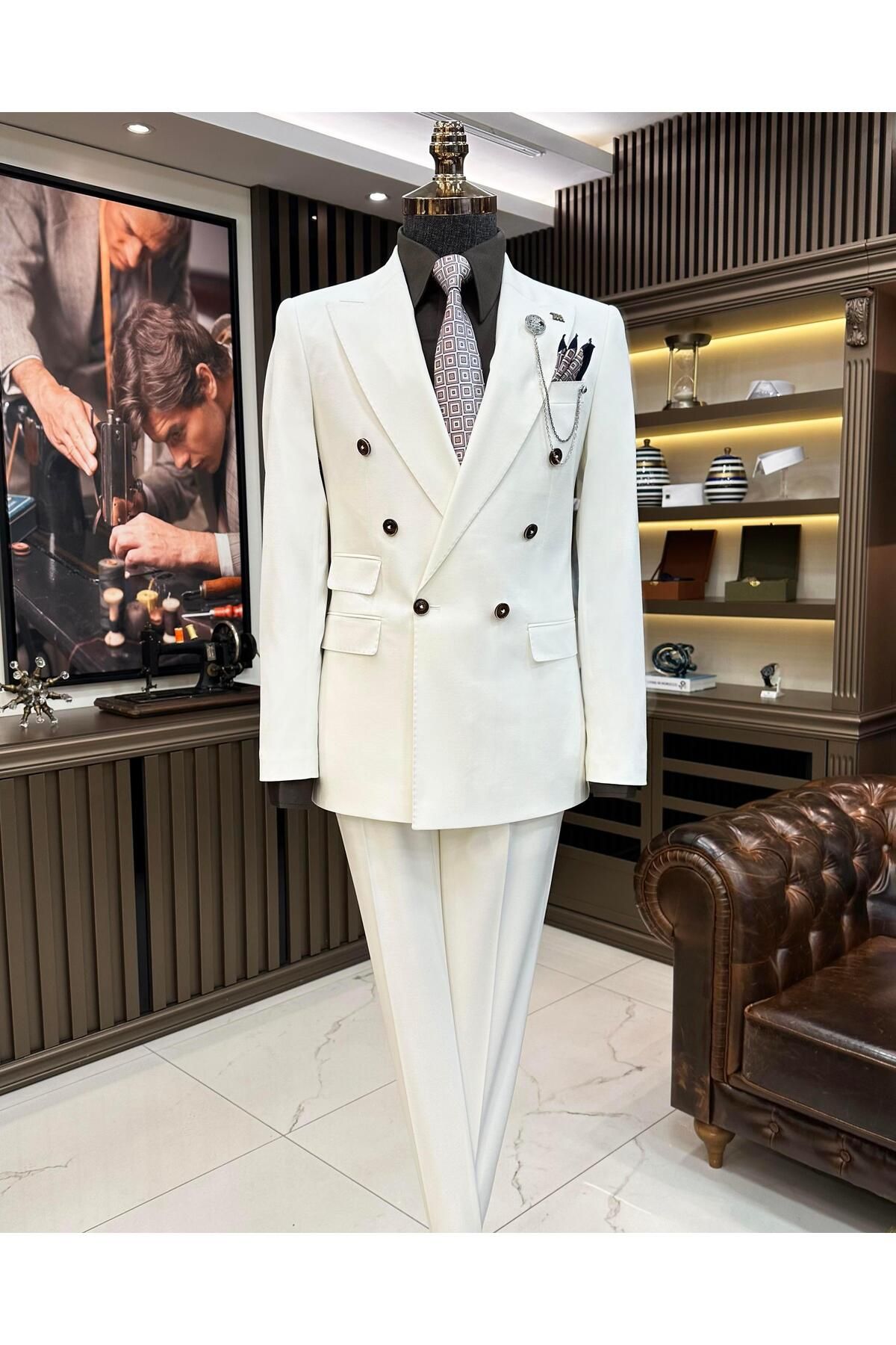 TerziAdemAltun İtalyan stil kruvaze ceket pantolon erkek takım elbise beyaz T11089