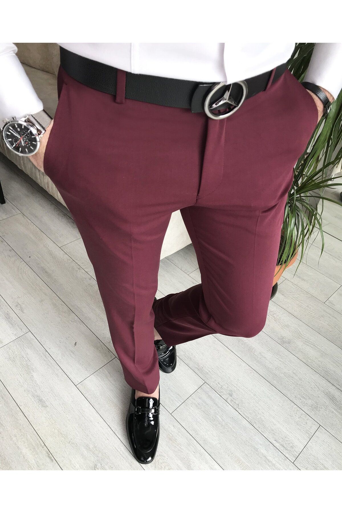 TerziAdemAltun İtalyan Stil Slim Fit Erkek Kumaş Pantolon Bordo T6735