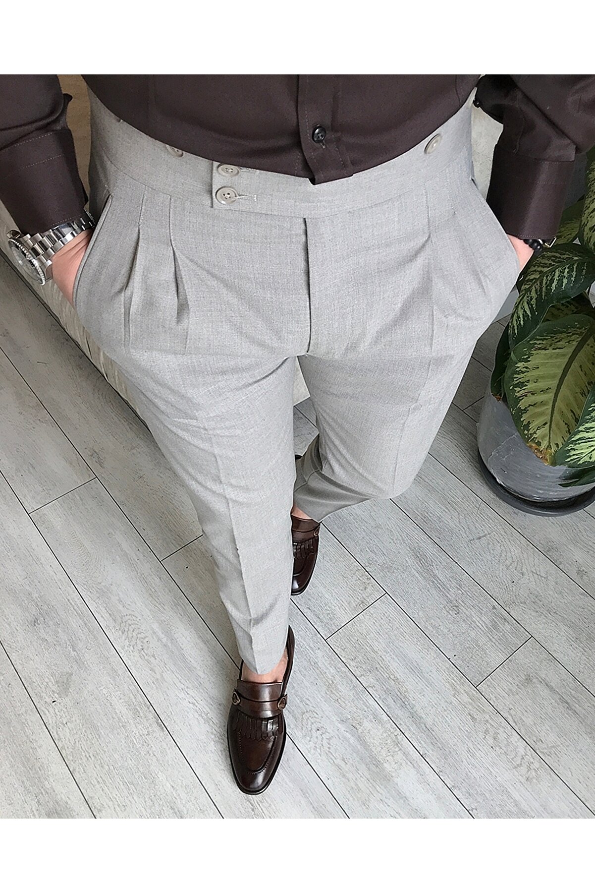 TerziAdemAltun İtalyan Stil Slim Fit Erkek Salopetli Kumaş Pantolon Bej T5268