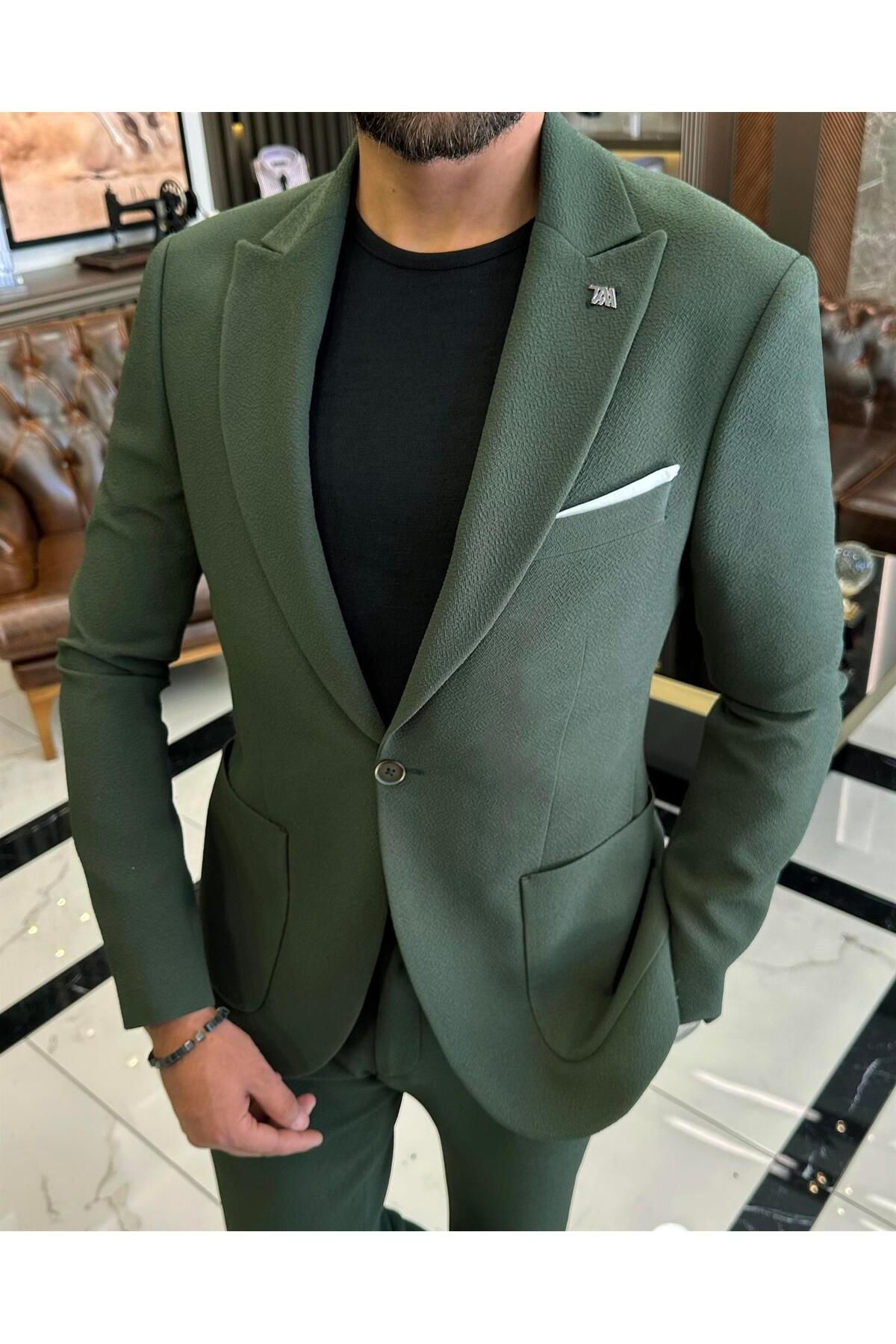 TerziAdemAltun İtalyan stil slim fit ceket pantolon takım elbise yeşil T10009