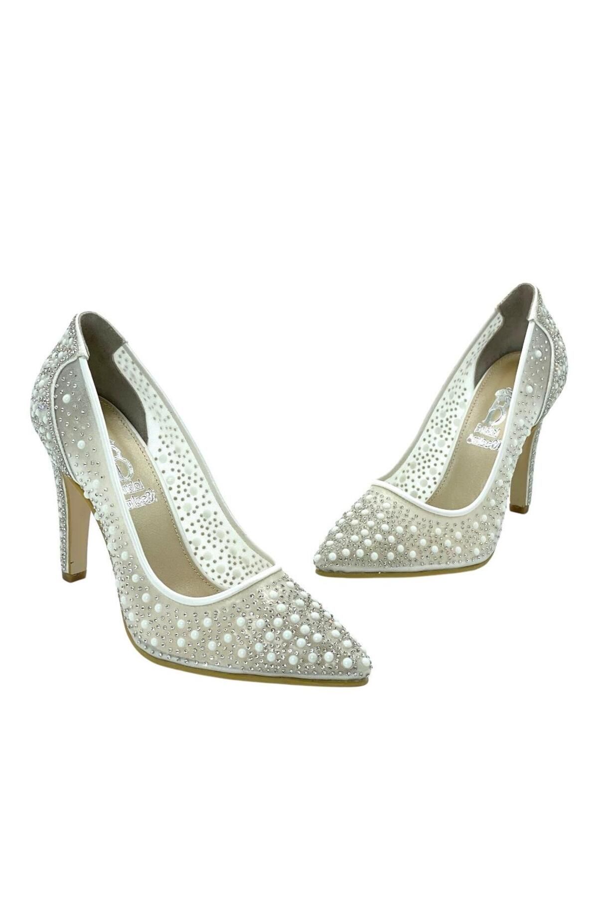 bridal smilee Beyaz İnci Taşlı Şeffaf Topuklu Ayakkabı