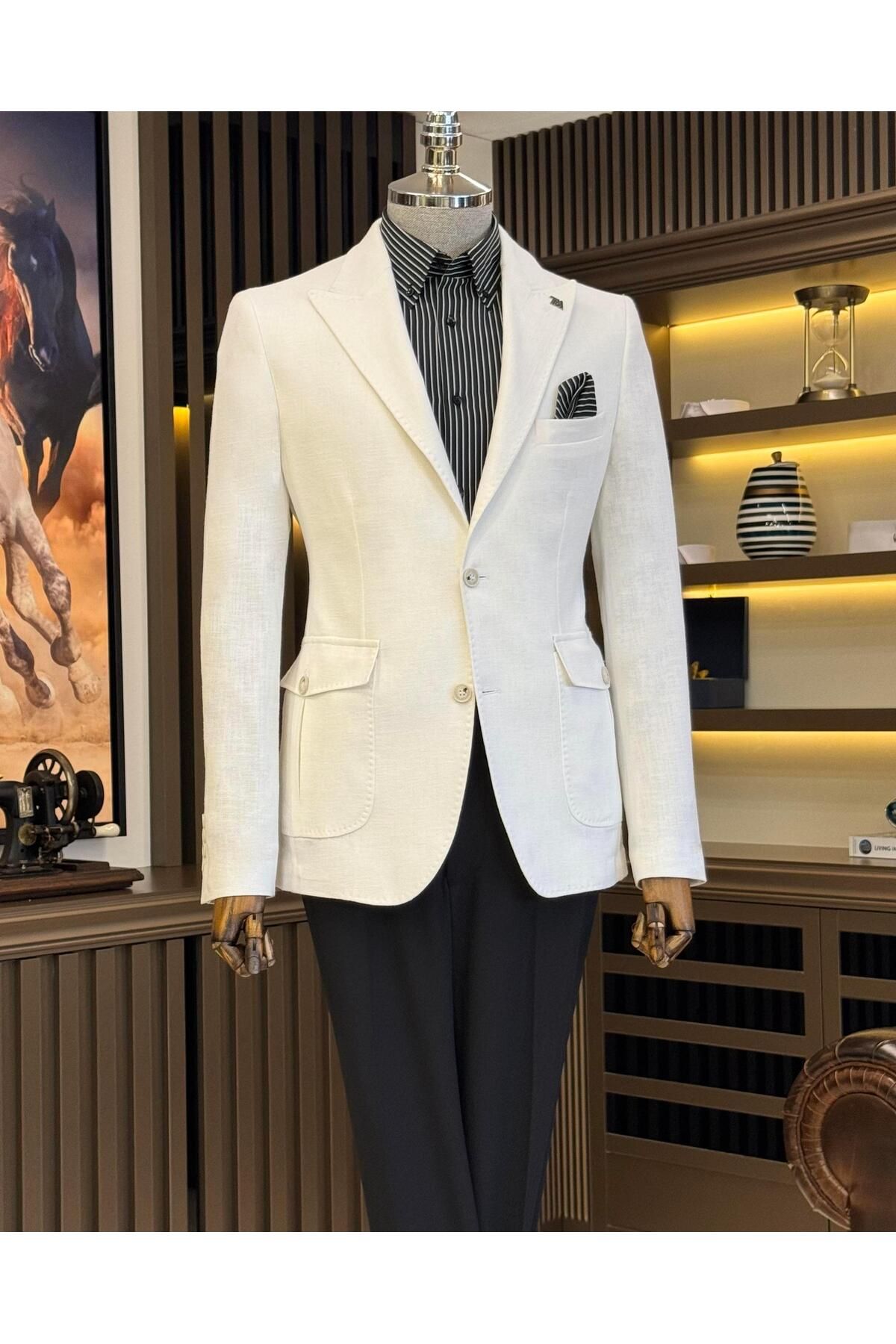 TerziAdemAltun italyan stil slim fit mono yaka keten erkek ceket beyaz T11668