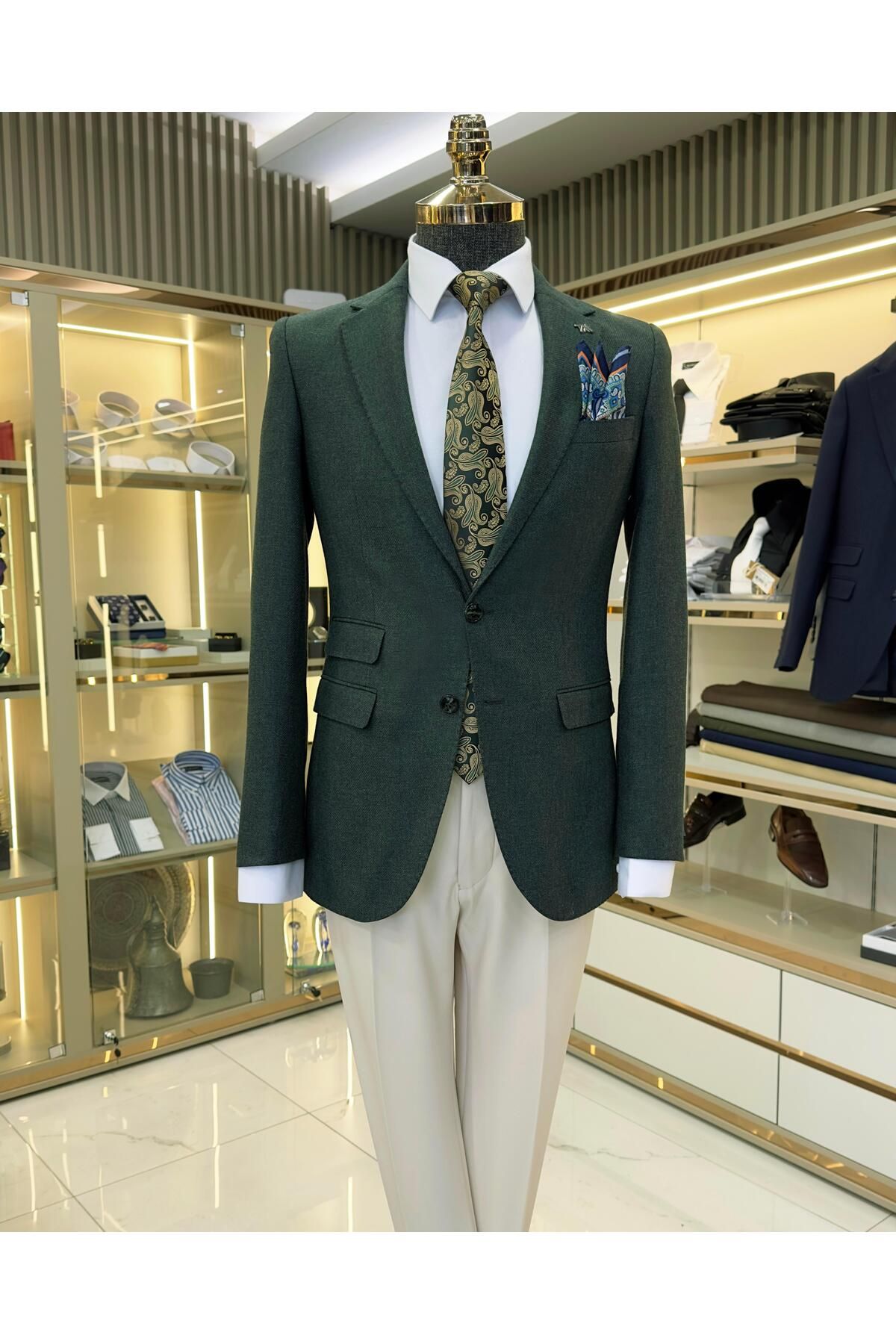 TerziAdemAltun İtalyan stil slim fit 8 drop mono yaka erkek ceket yeşil T10979