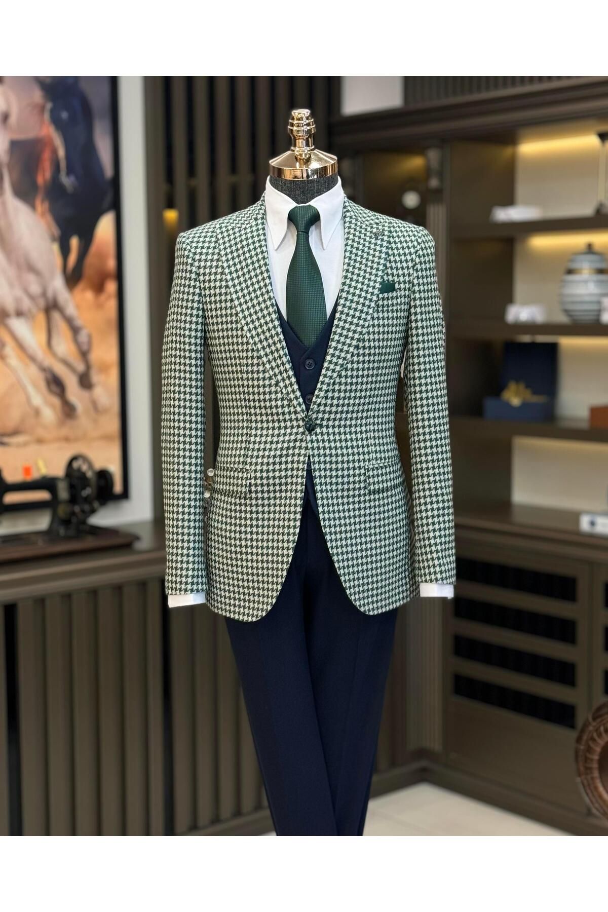 TerziAdemAltun İtalyan stil slim fit kazayağı desen erkek ceket yeşil T11499