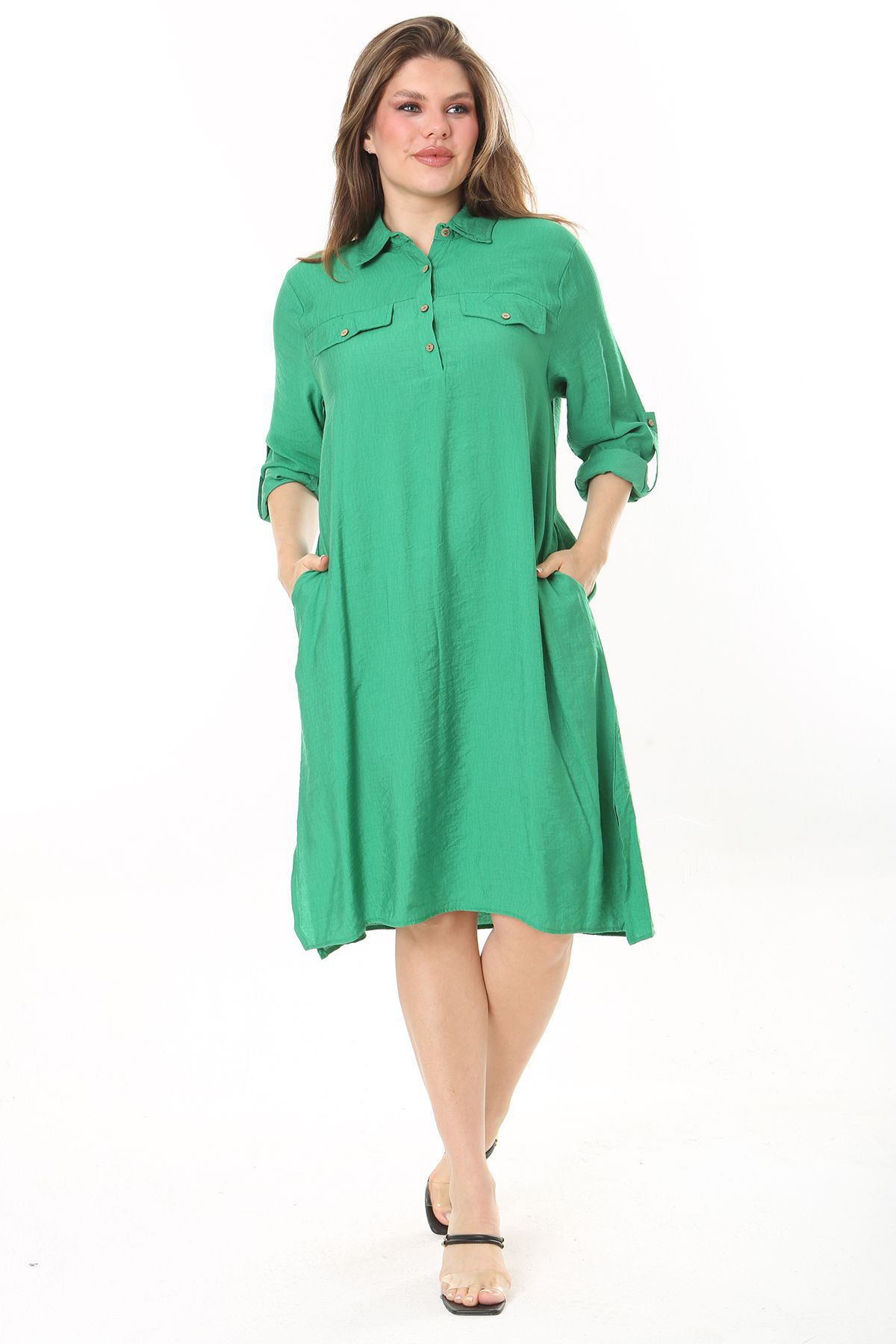 Şans Kadın Büyük Beden Yeşil Ön Pat Düğmeli Süs Göğüs Cepli Kol Boyu Ayarlı Elbise 65N37871