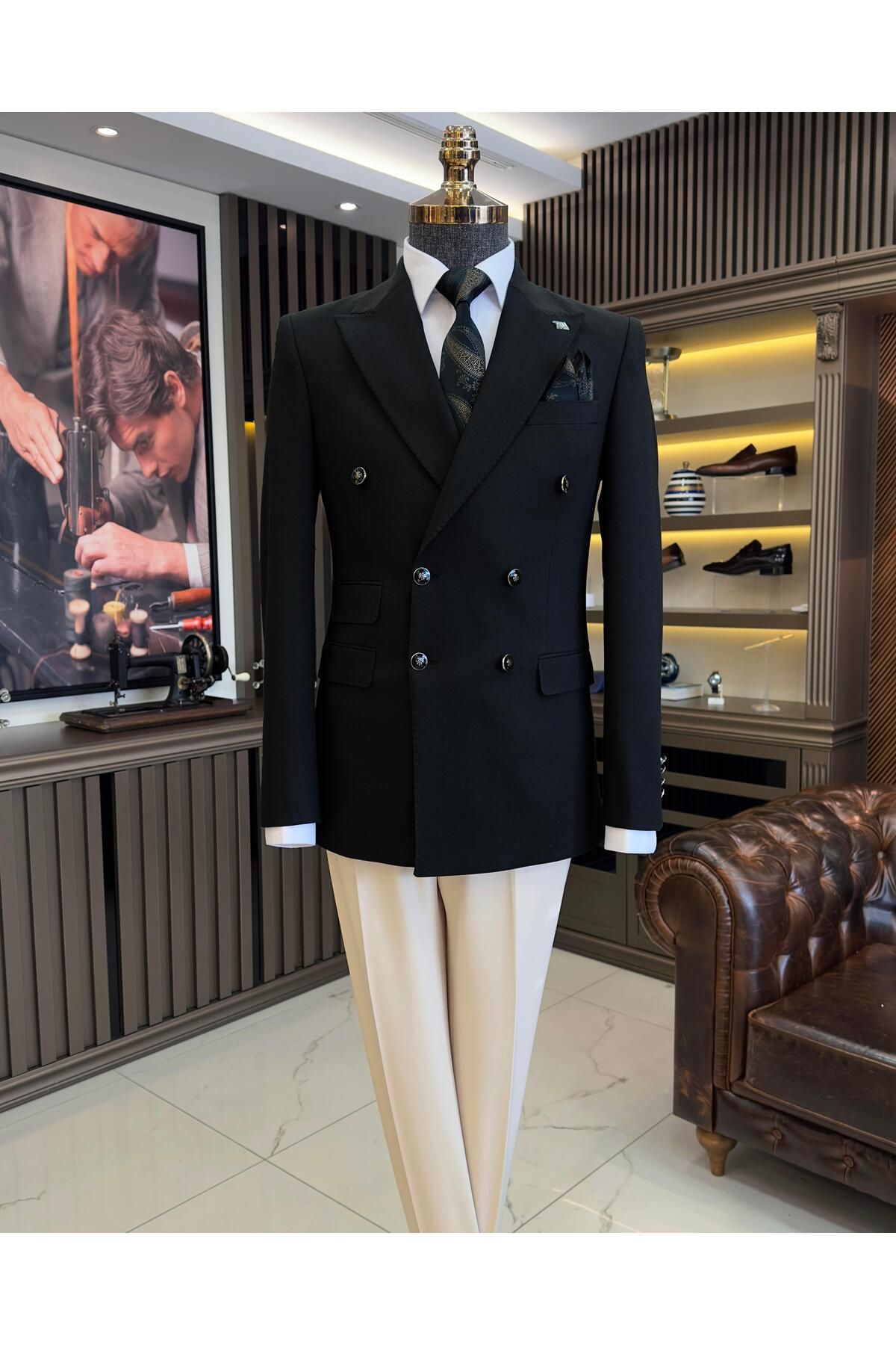 TerziAdemAltun İtalyan stil slim fit kruvaze erkek ceket siyah T10766