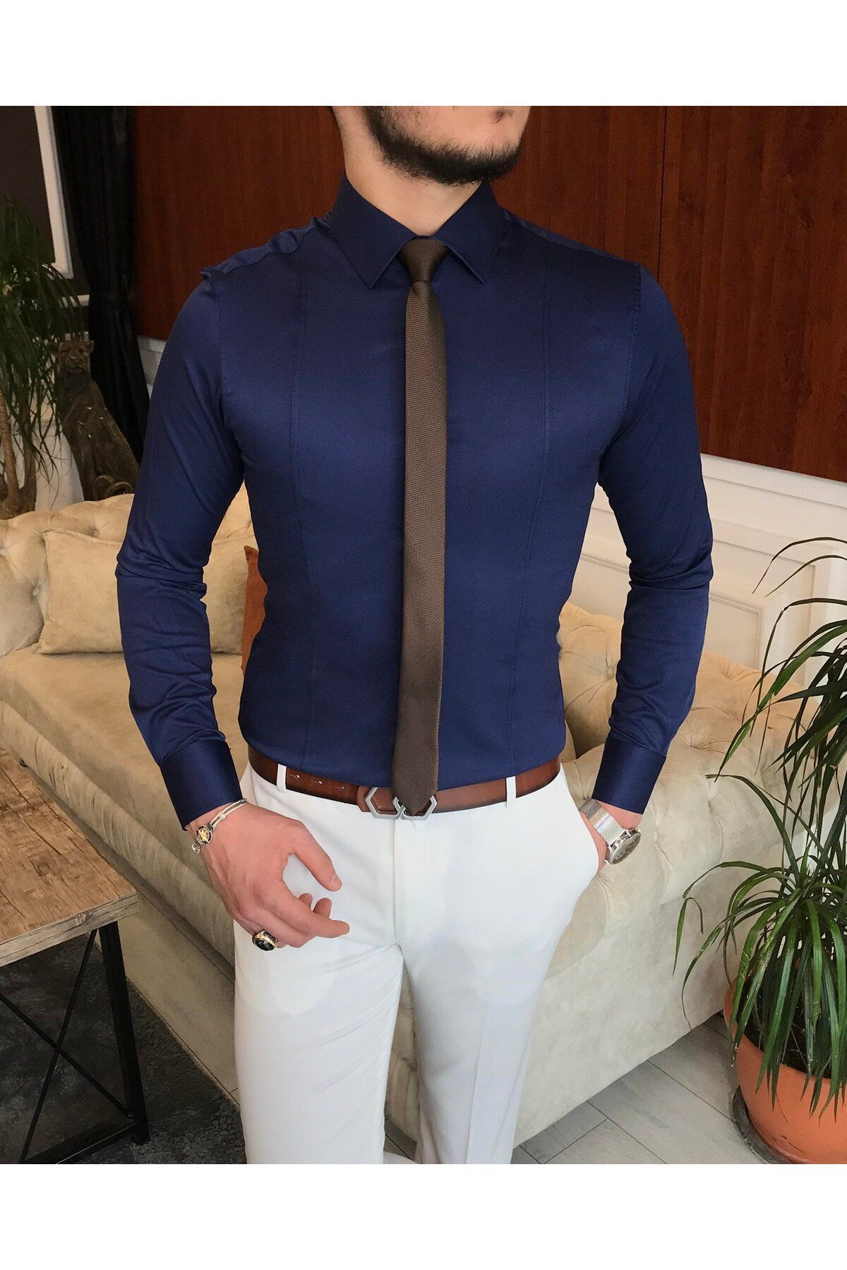 TerziAdemAltun İtalyan Stil Slim Fit Erkek Kravat Yaka Gömlek Lacivert T6814