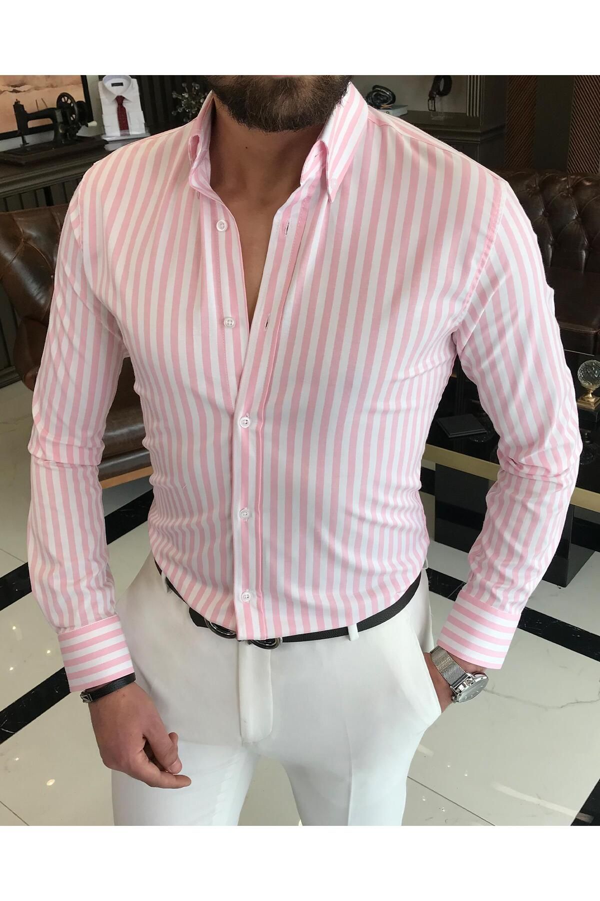 TerziAdemAltun İtalyan Stil Slim Fit Çizgili Erkek Dik Yaka Gömlek Pudra T9243