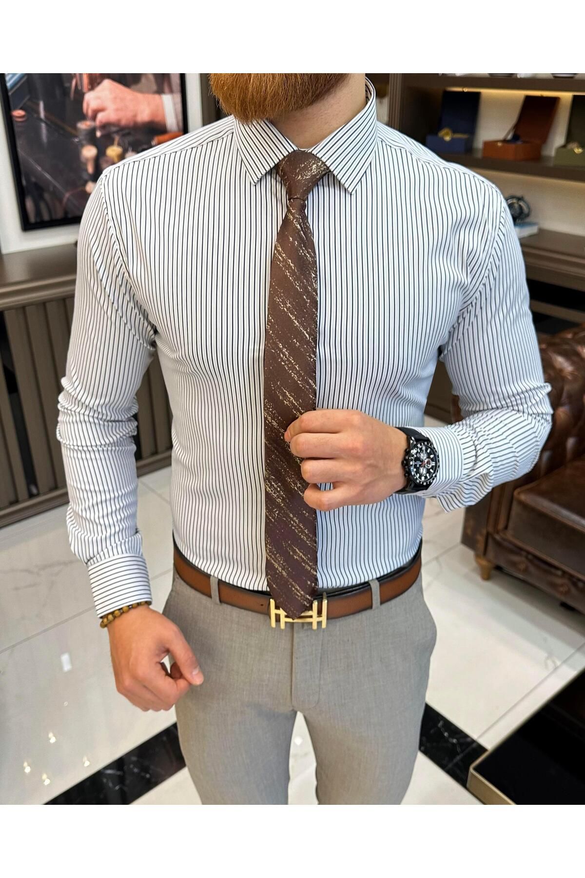TerziAdemAltun İtalyan stil çizgili kravat yaka erkek gömlek lacivert T11251