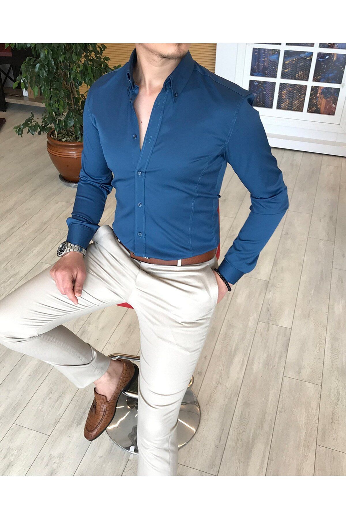 TerziAdemAltun Italyan Stil Slim Fit Dik Yaka Saten Erkek Gömlek Lacivert T4752