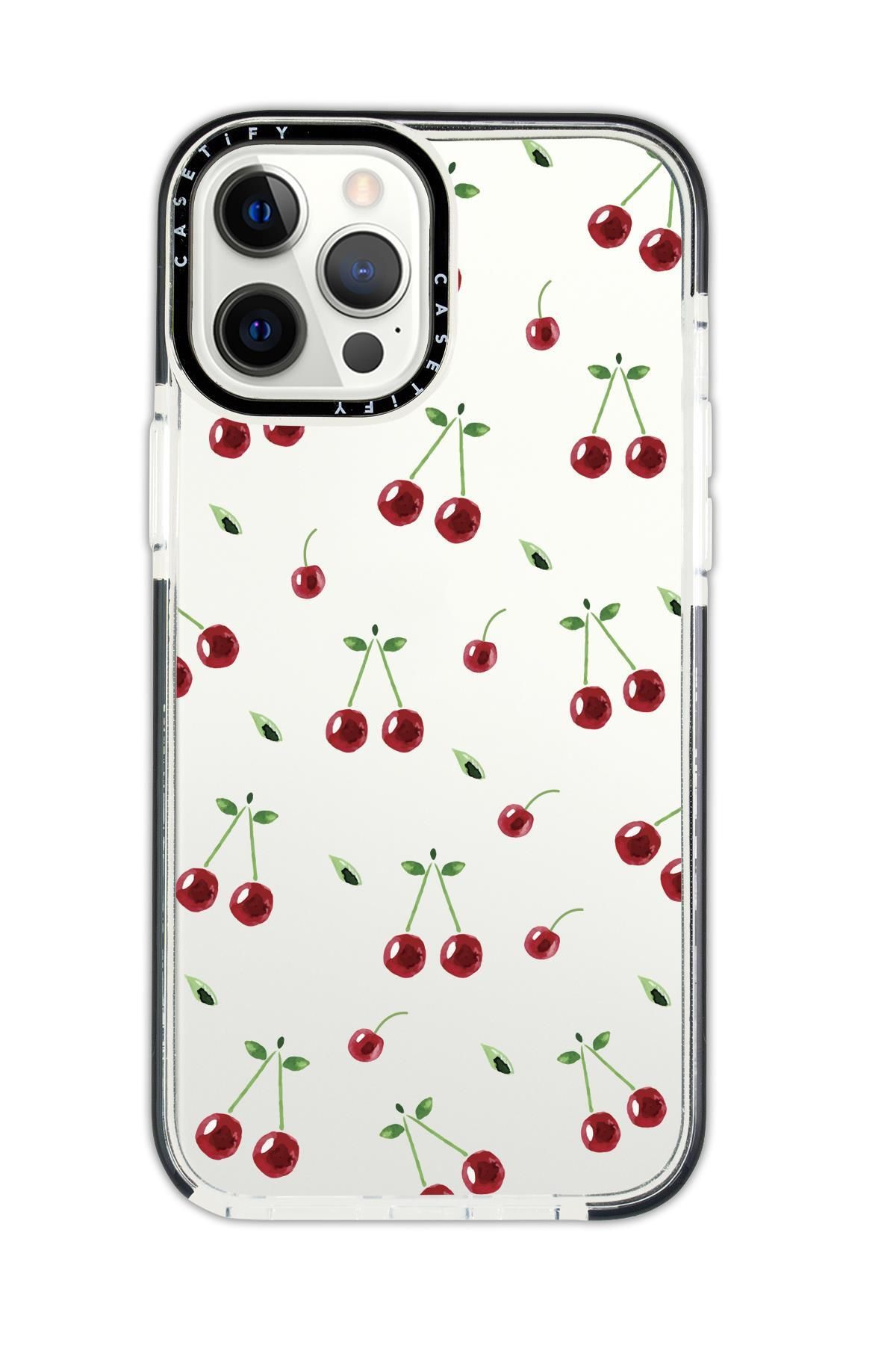 mooodcase iPhone 14 Plus Casetify Uyumlu Kiraz Desenli Anti Shock Premium Silikonlu Siyah Kenar Detaylı Telefo