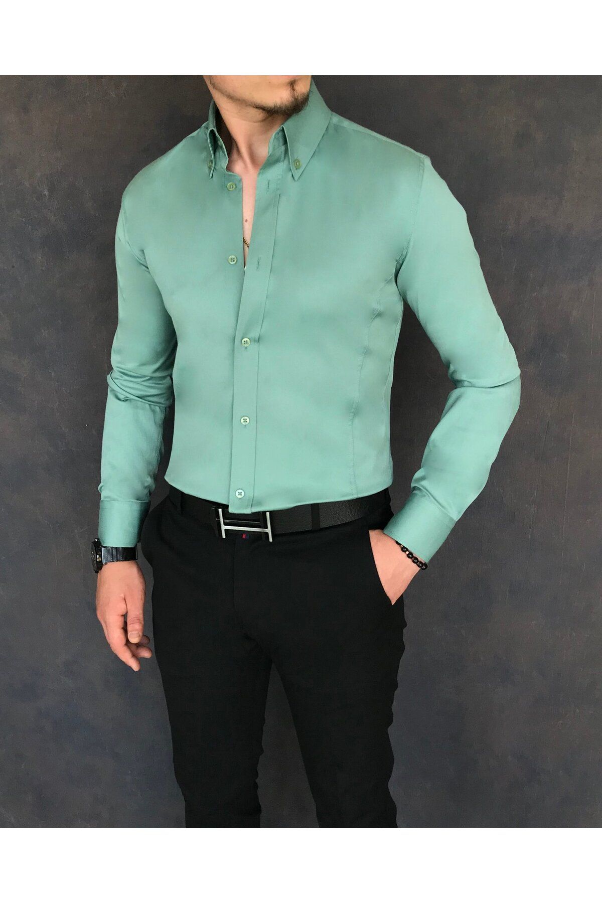 TerziAdemAltun Italyan Stil Slim Fit Dik Yaka Saten Erkek Gömlek Su Yeşili T5320