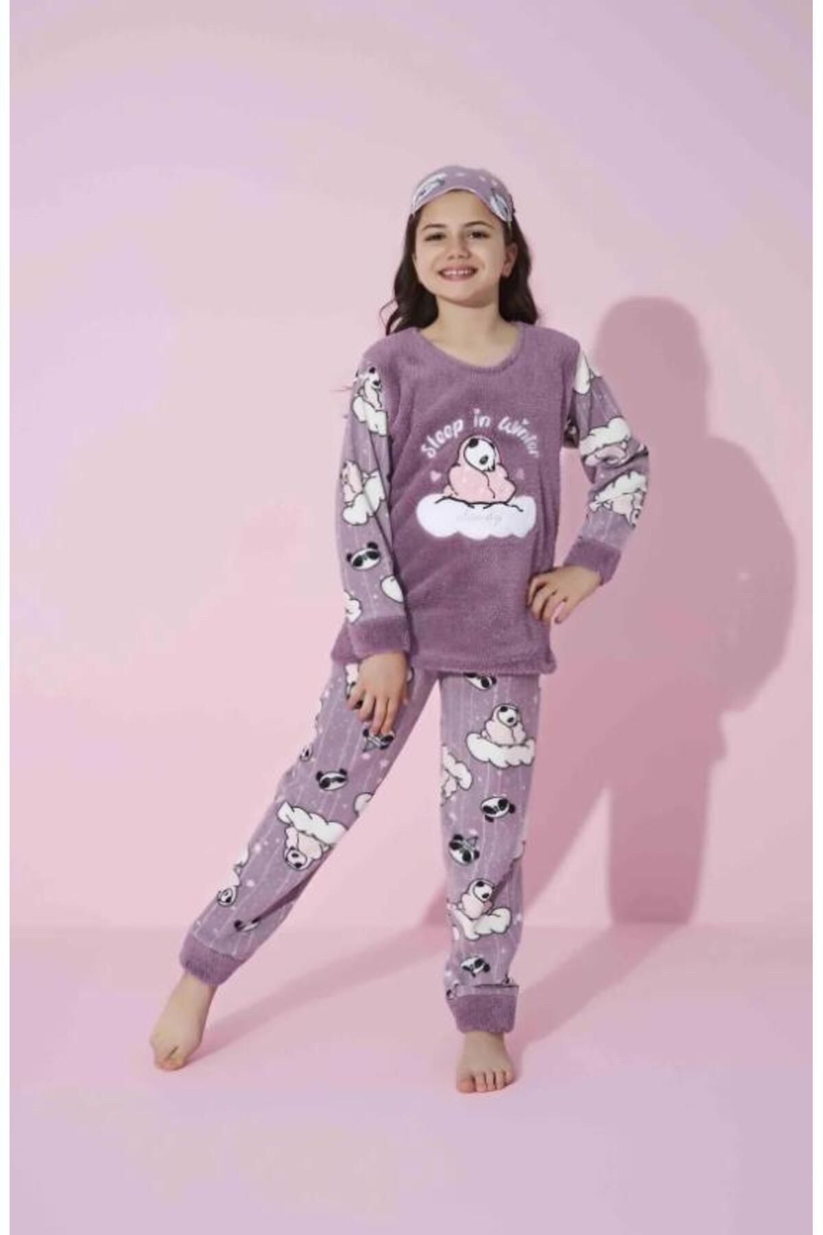 Tarık Çocuk Panda Desenli Uzun Kollu Polar Peluş Kumaş Kışlık Sıcak Tutan Pijama Takımı 0102