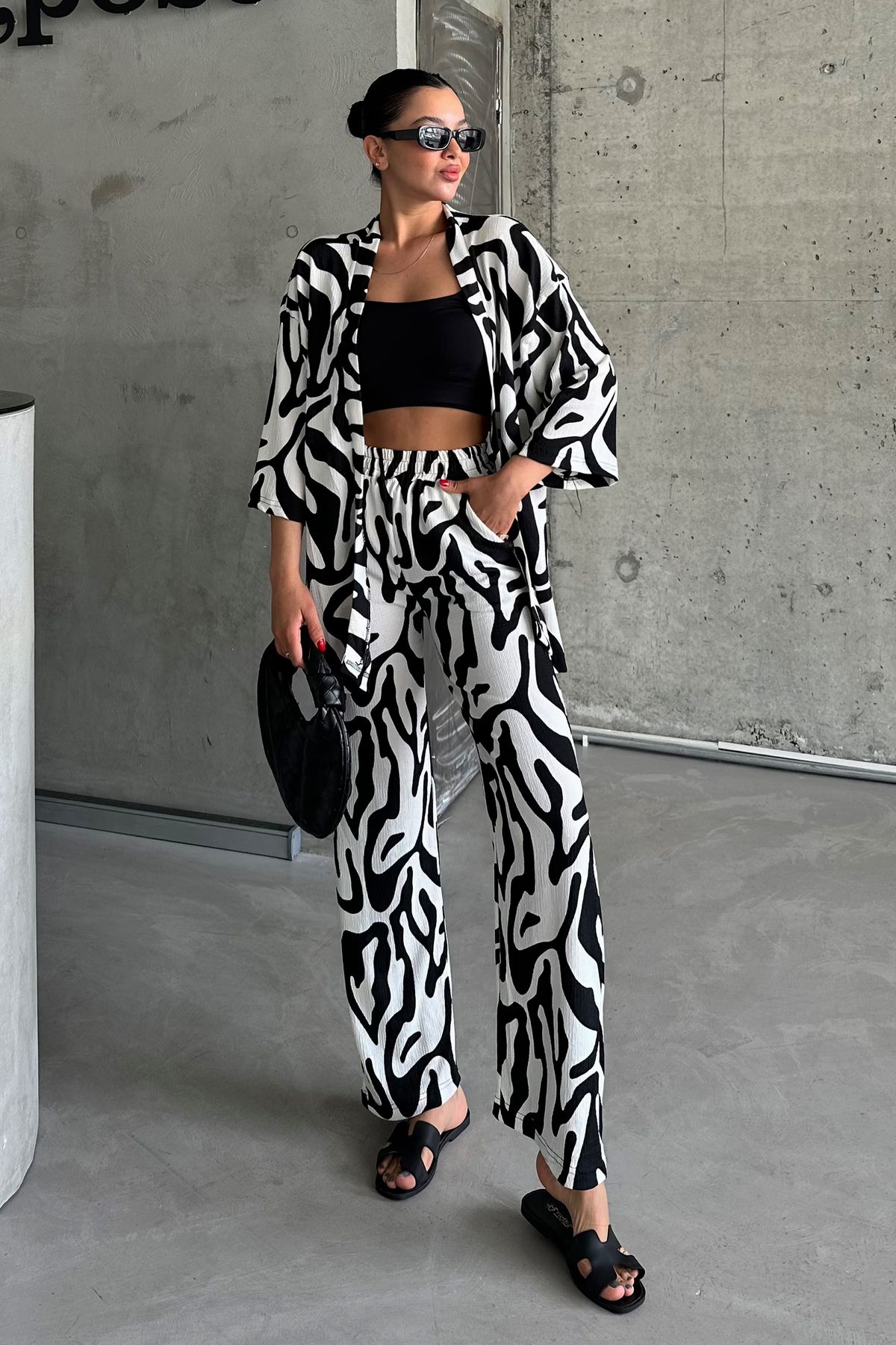 MODAGEN Kadın Zebra Kimono Pantolon Oversize Gömlek Takım