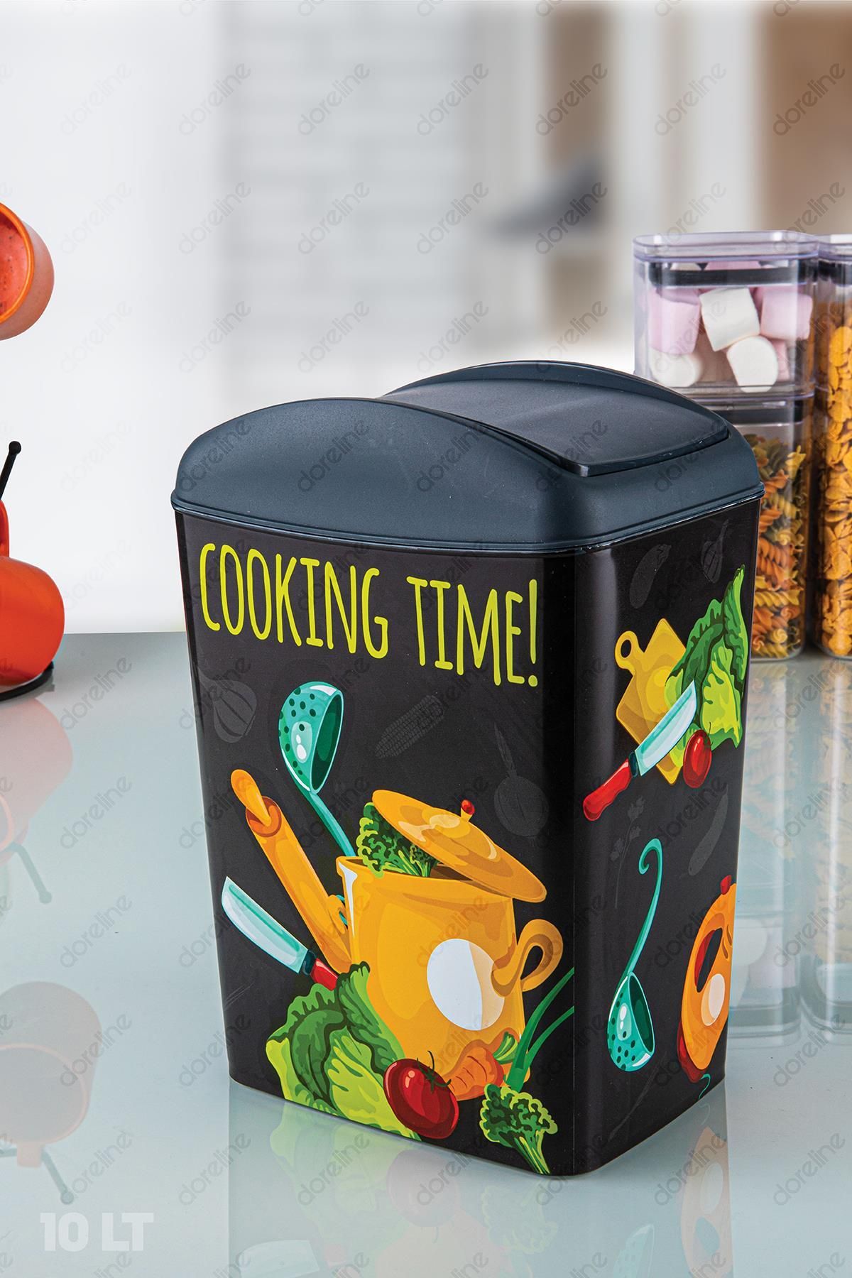 Doreline Soft Kids Plastik Çöp Kovası 10 Lt. Cooking Baskılı, Döner Kapak Çöp Kovası